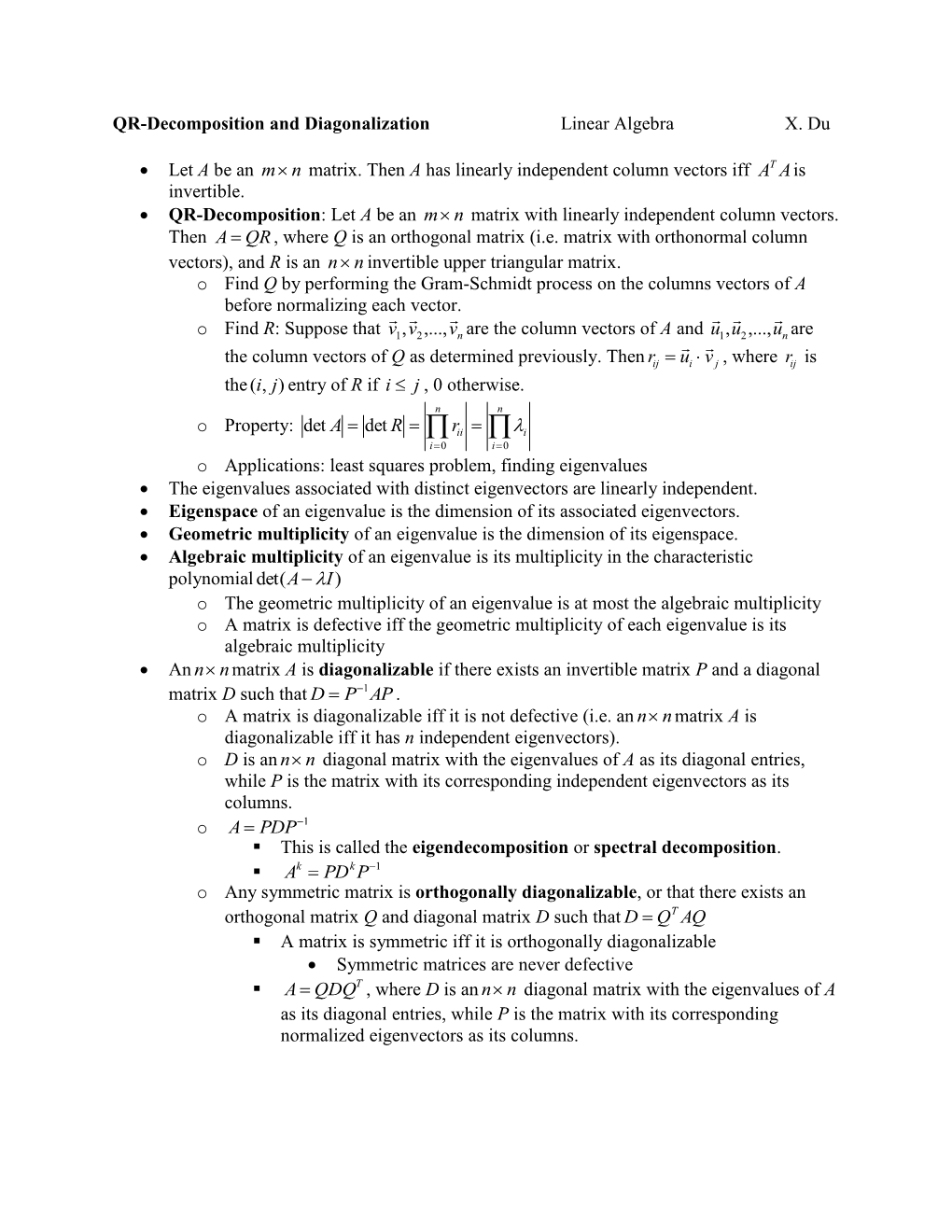QR-Decomposition and Diagonalization Linear Algebra X