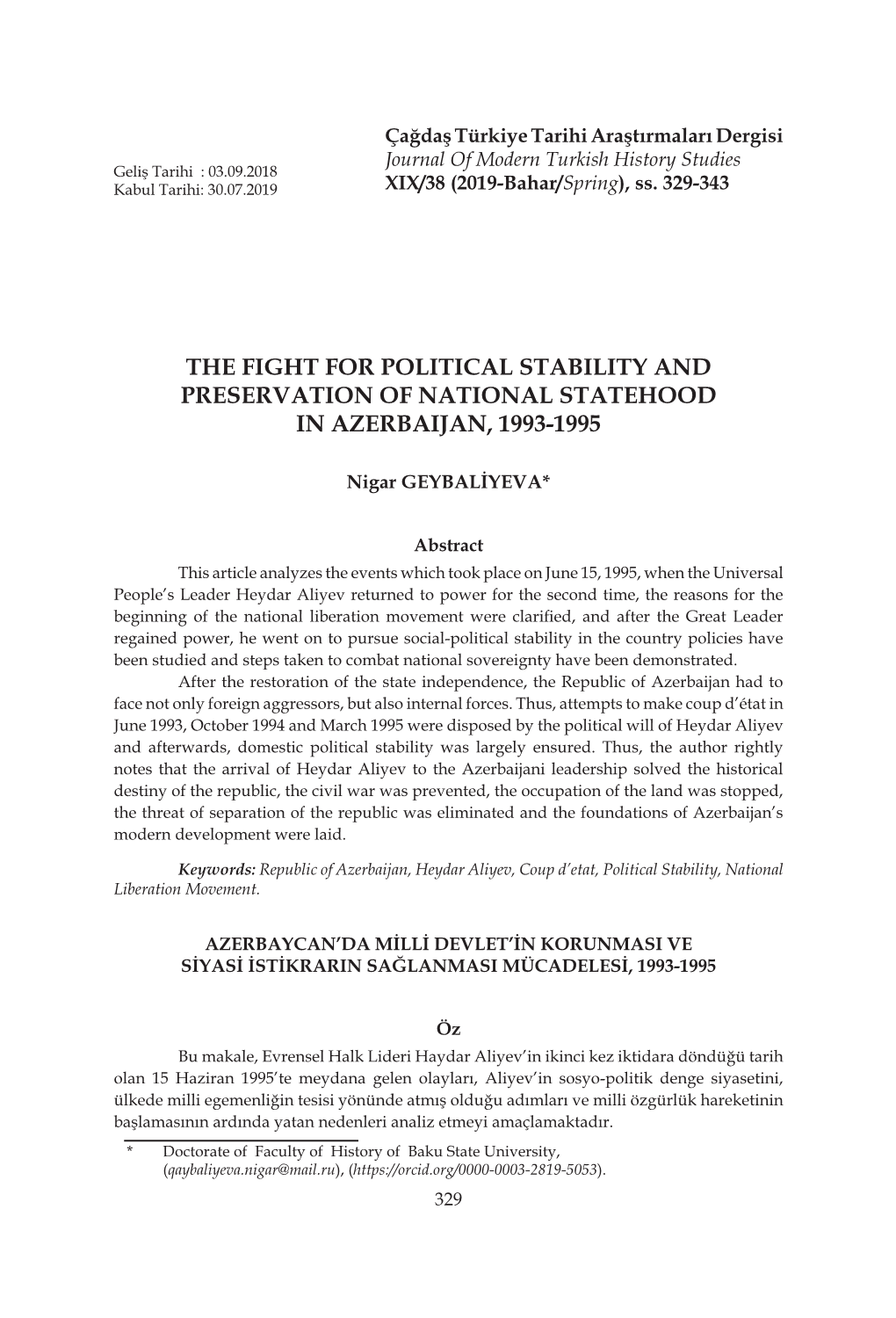 The Fight for Political Stability and Preservation of National Statehood in Azerbaijan, 1993-1995