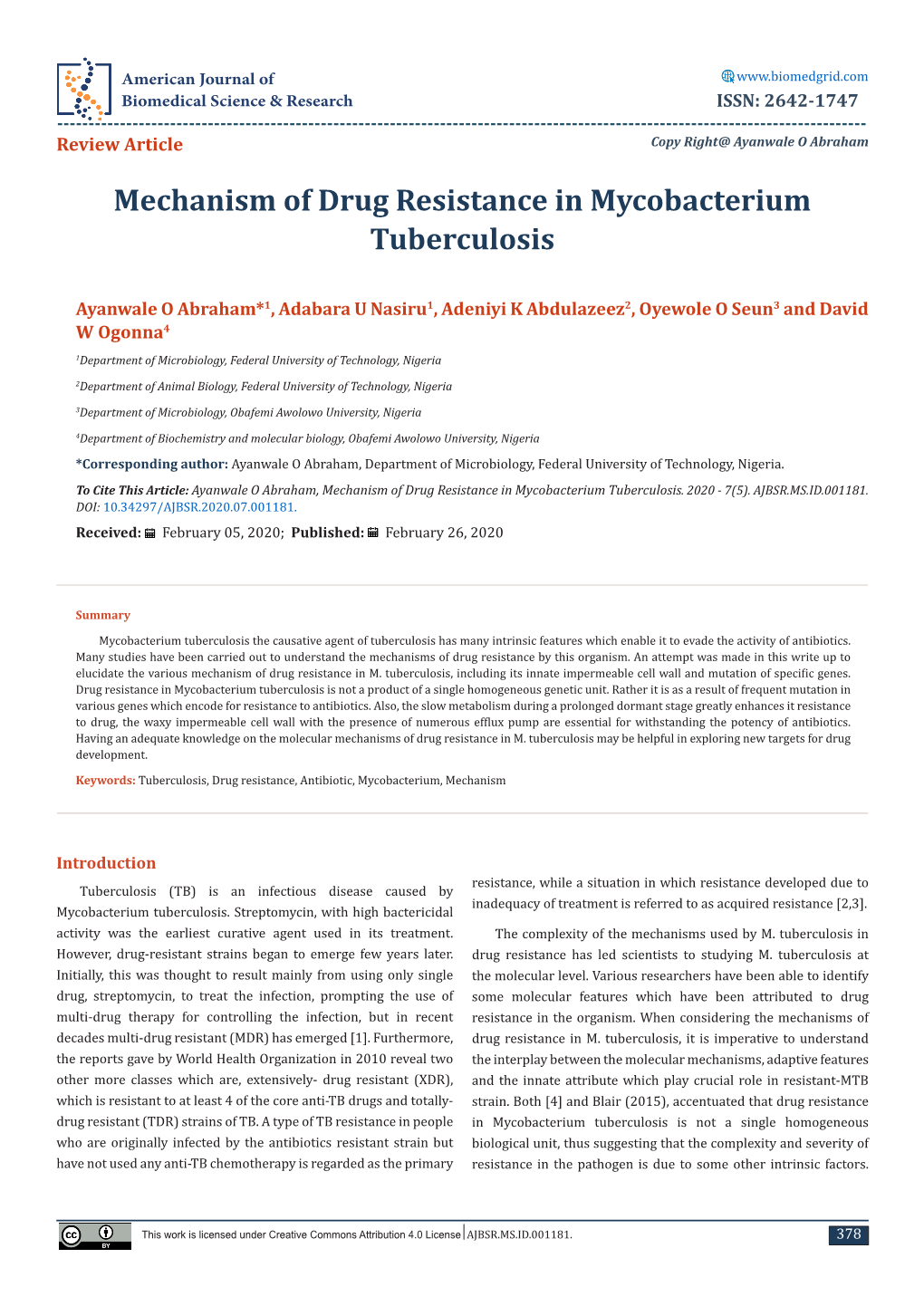 Mechanism of Drug Resistance in Mycobacterium Tuberculosis