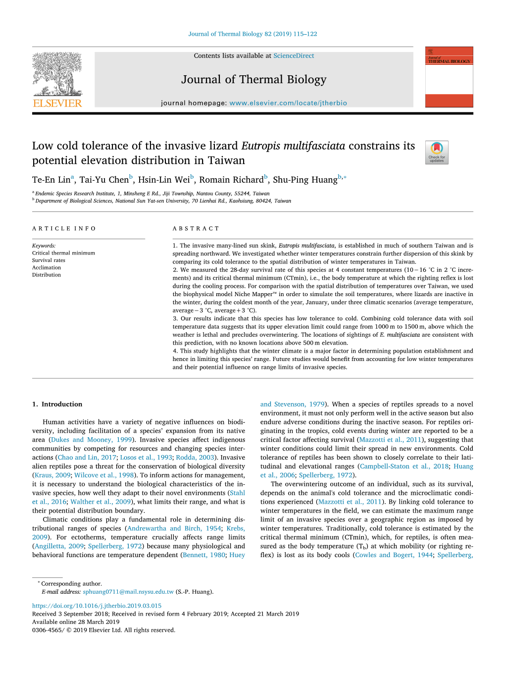 Low Cold Tolerance of the Invasive Lizard Eutropis Multifasciata