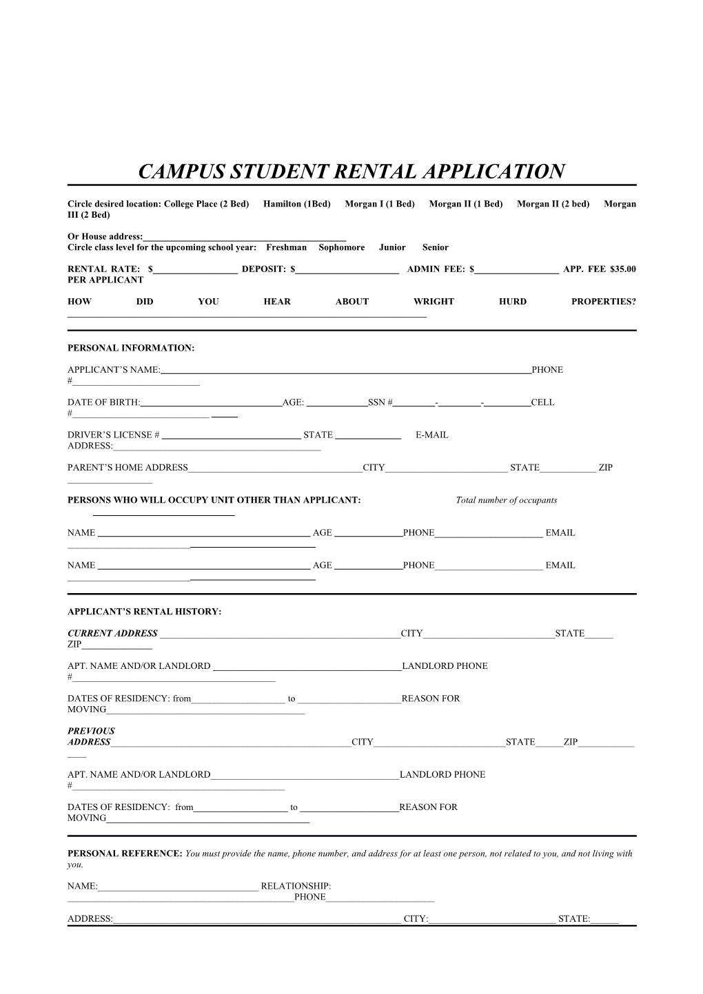 Campus Student Rental Application