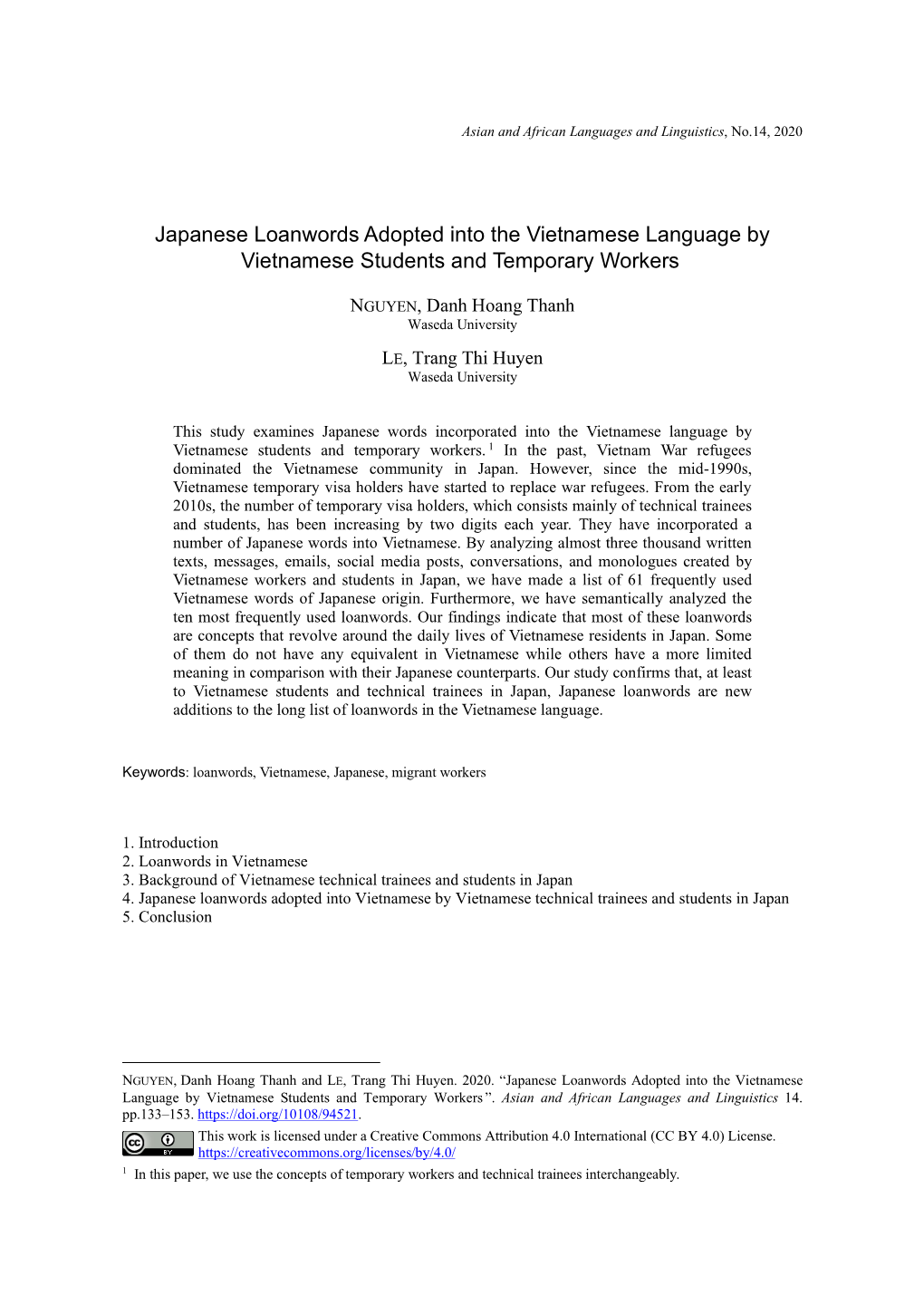 Japanese Loanwords Adopted Into the Vietnamese Language by Vietnamese Students and Temporary Workers