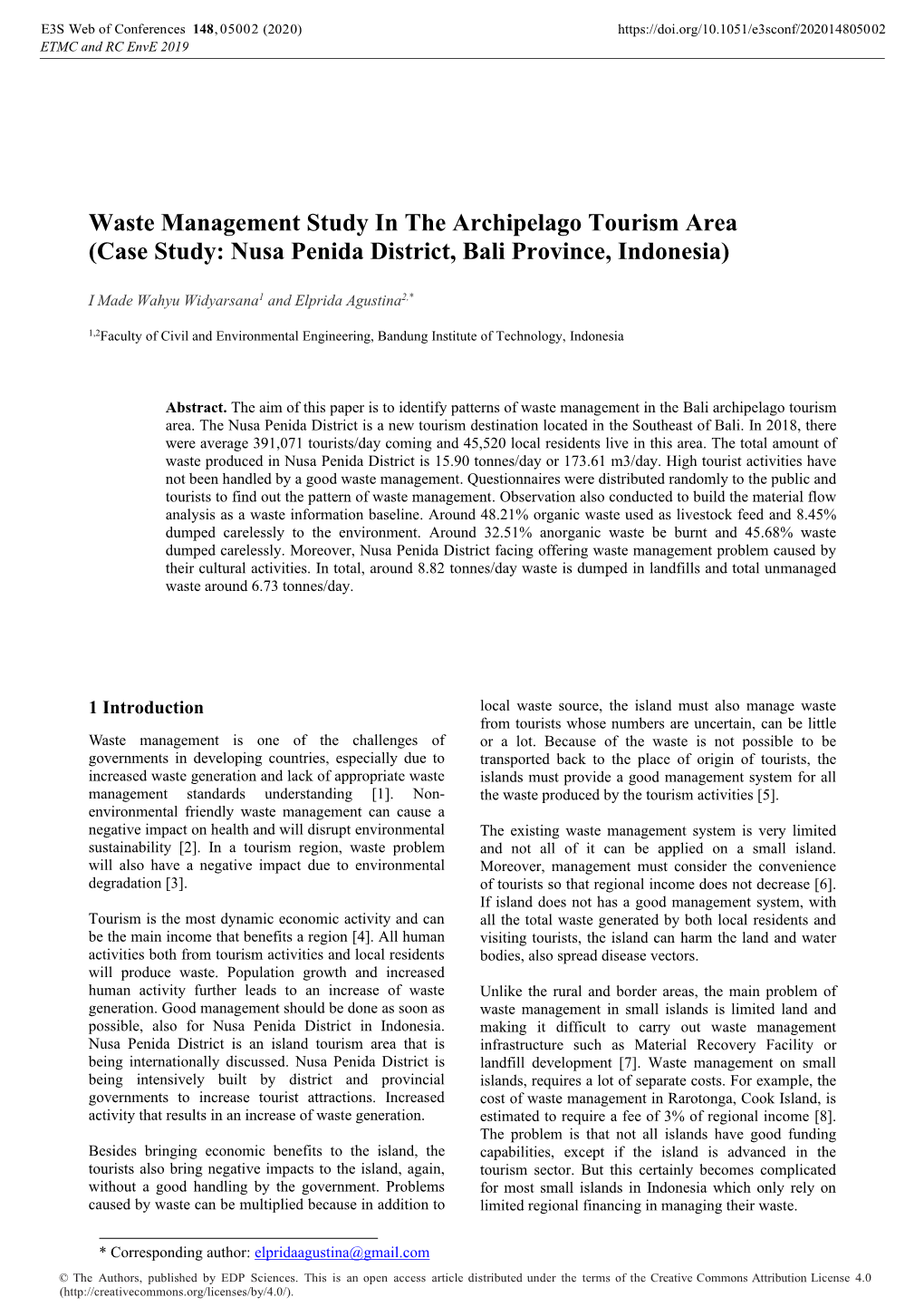 Waste Management Study in the Archipelago Tourism Area (Case Study: Nusa Penida District, Bali Province, Indonesia)