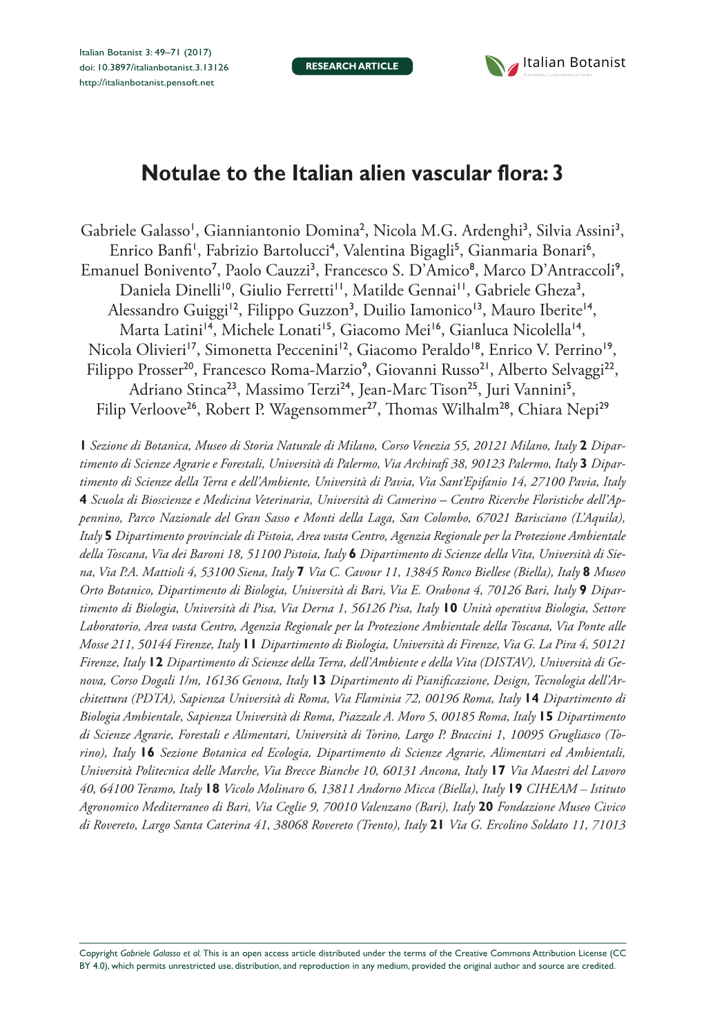 Notulae to the Italian Alien Vascular Flora: 3 49 Doi: 10.3897/Italianbotanist.3.13126 RESEARCH ARTICLE