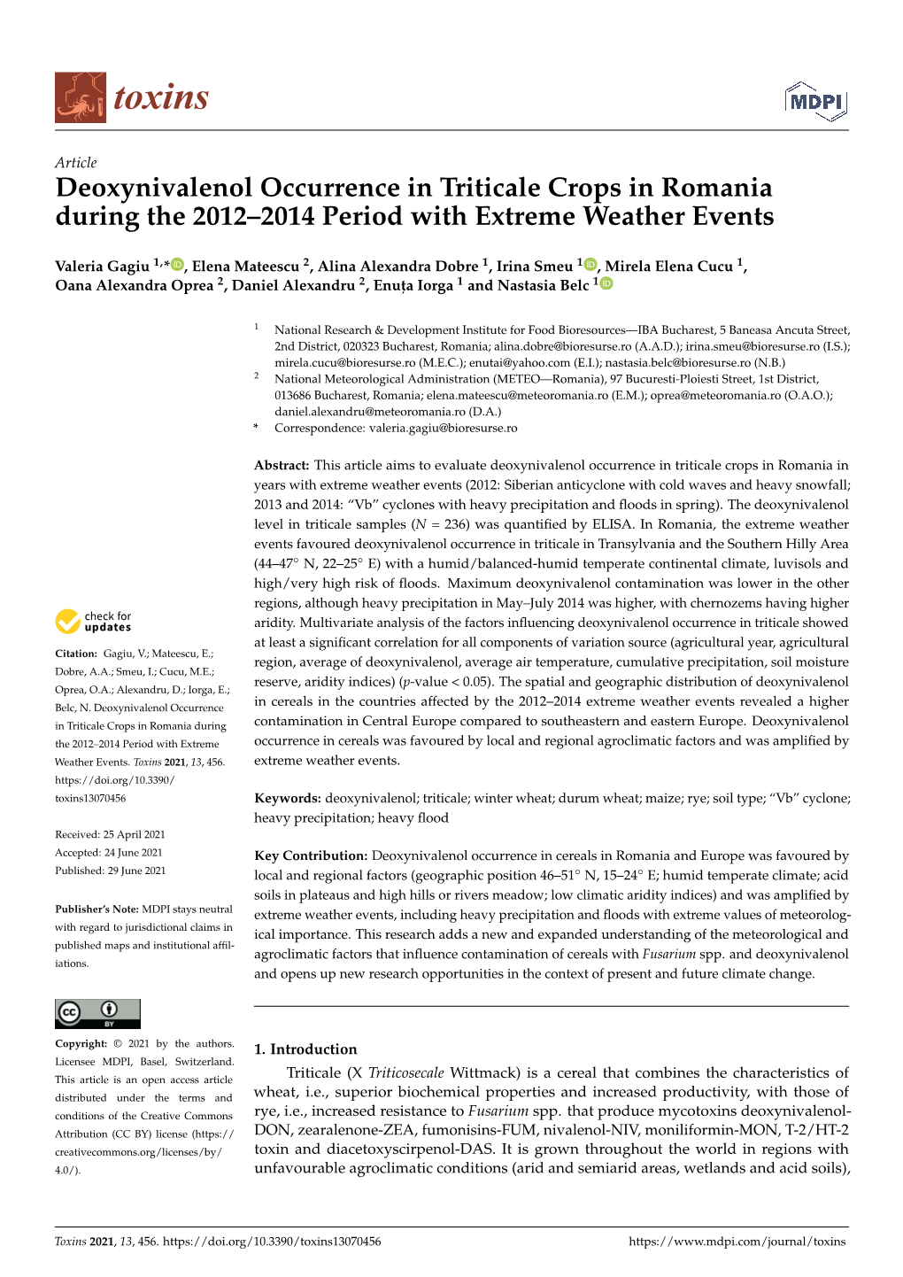 Deoxynivalenol Occurrence in Triticale Crops in Romania During the 2012–2014 Period with Extreme Weather Events