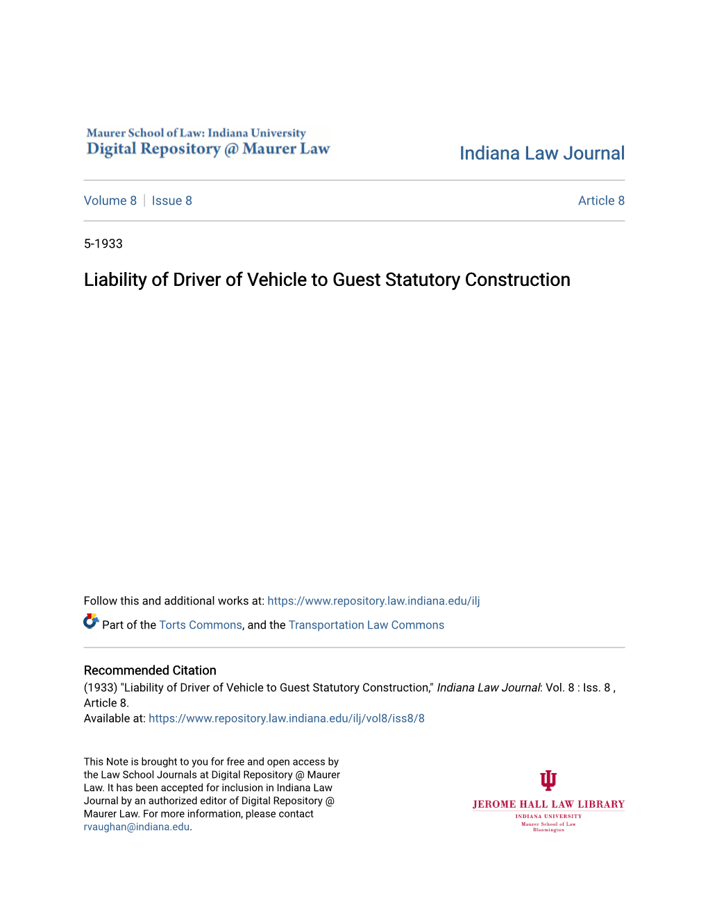 Liability of Driver of Vehicle to Guest Statutory Construction