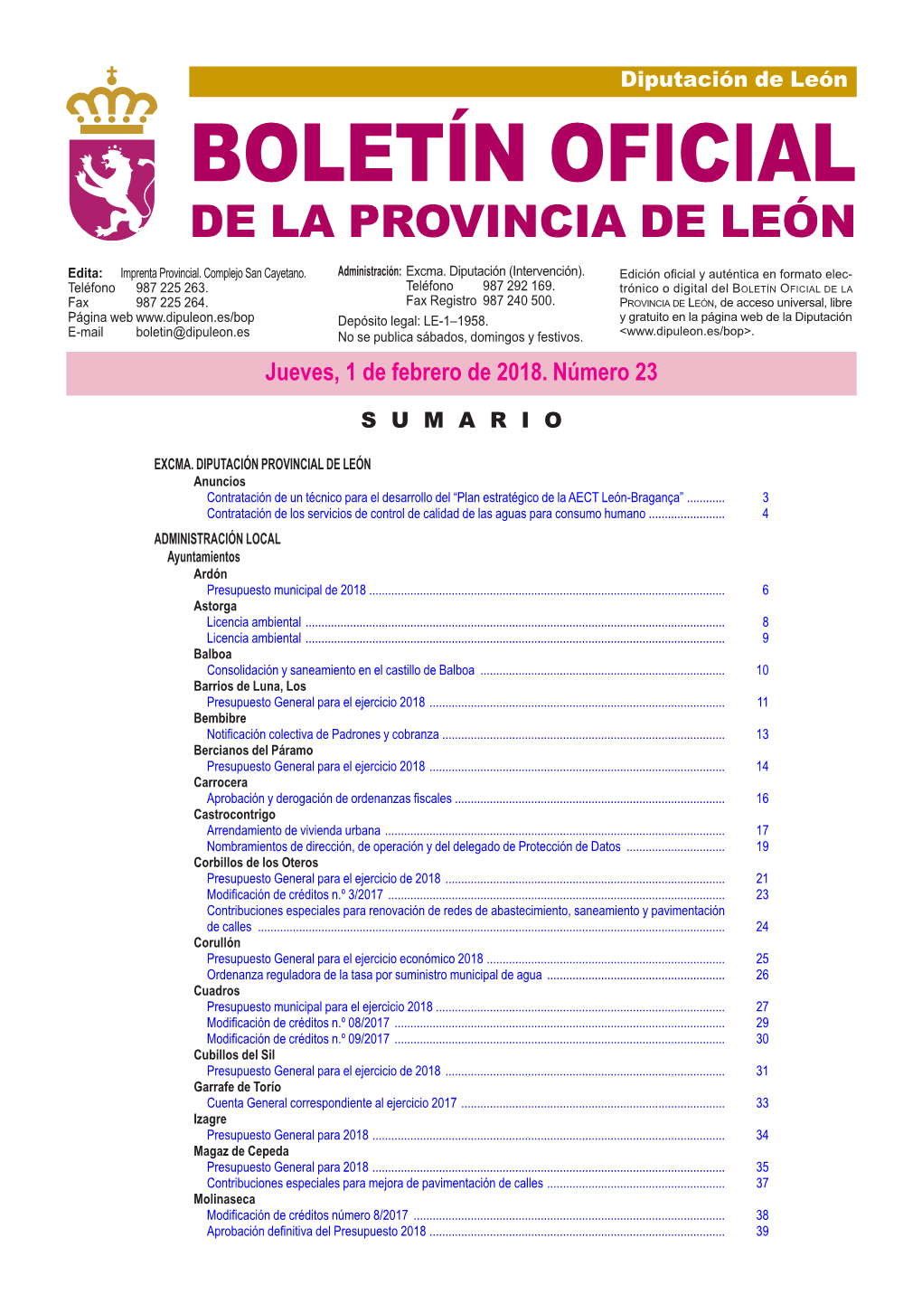 BOLETÍN OFICIAL DE LA PROVINCIA DE LEÓN Edita: Imprenta Provincial