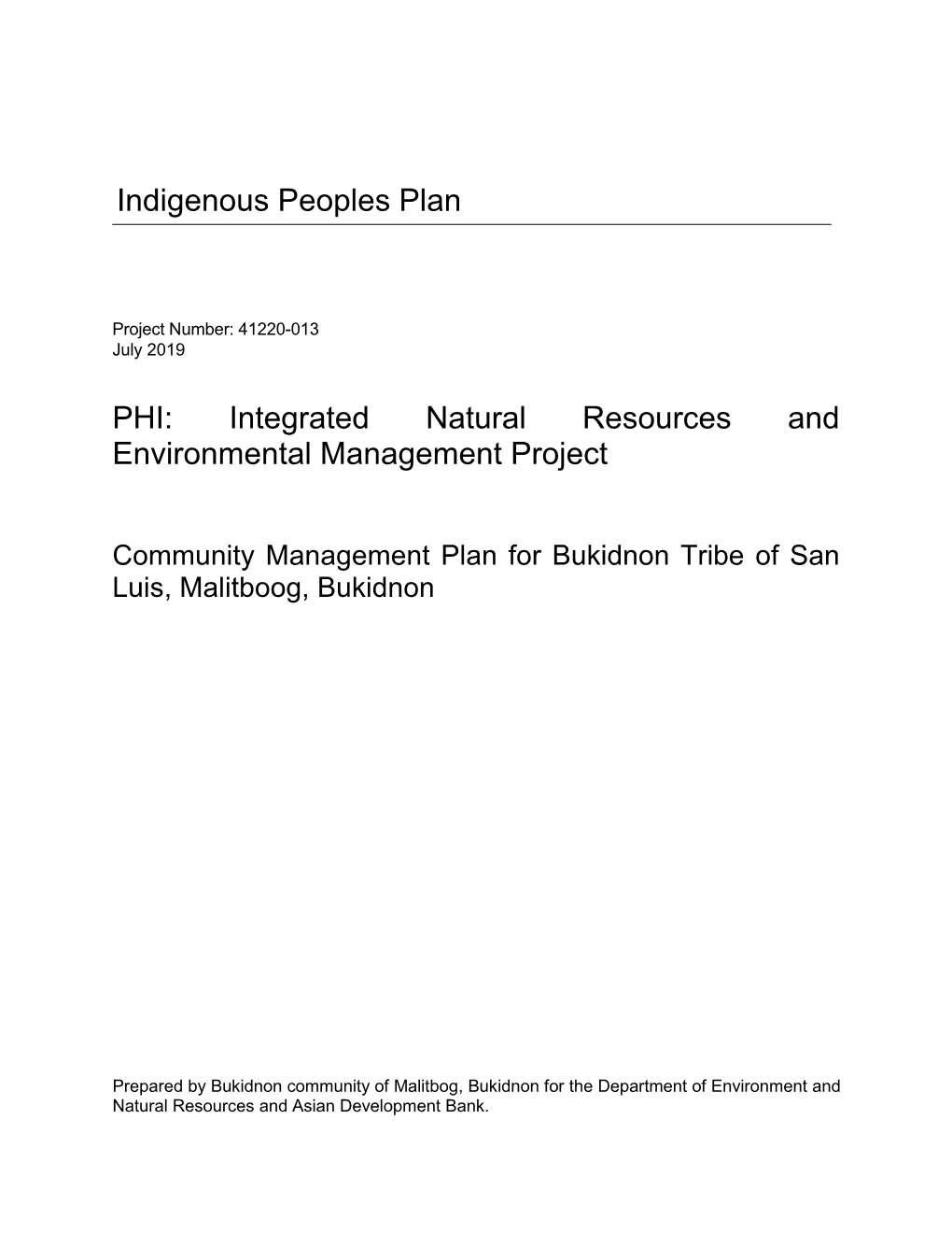 Indigenous Peoples Plan PHI: Integrated Natural Resources And