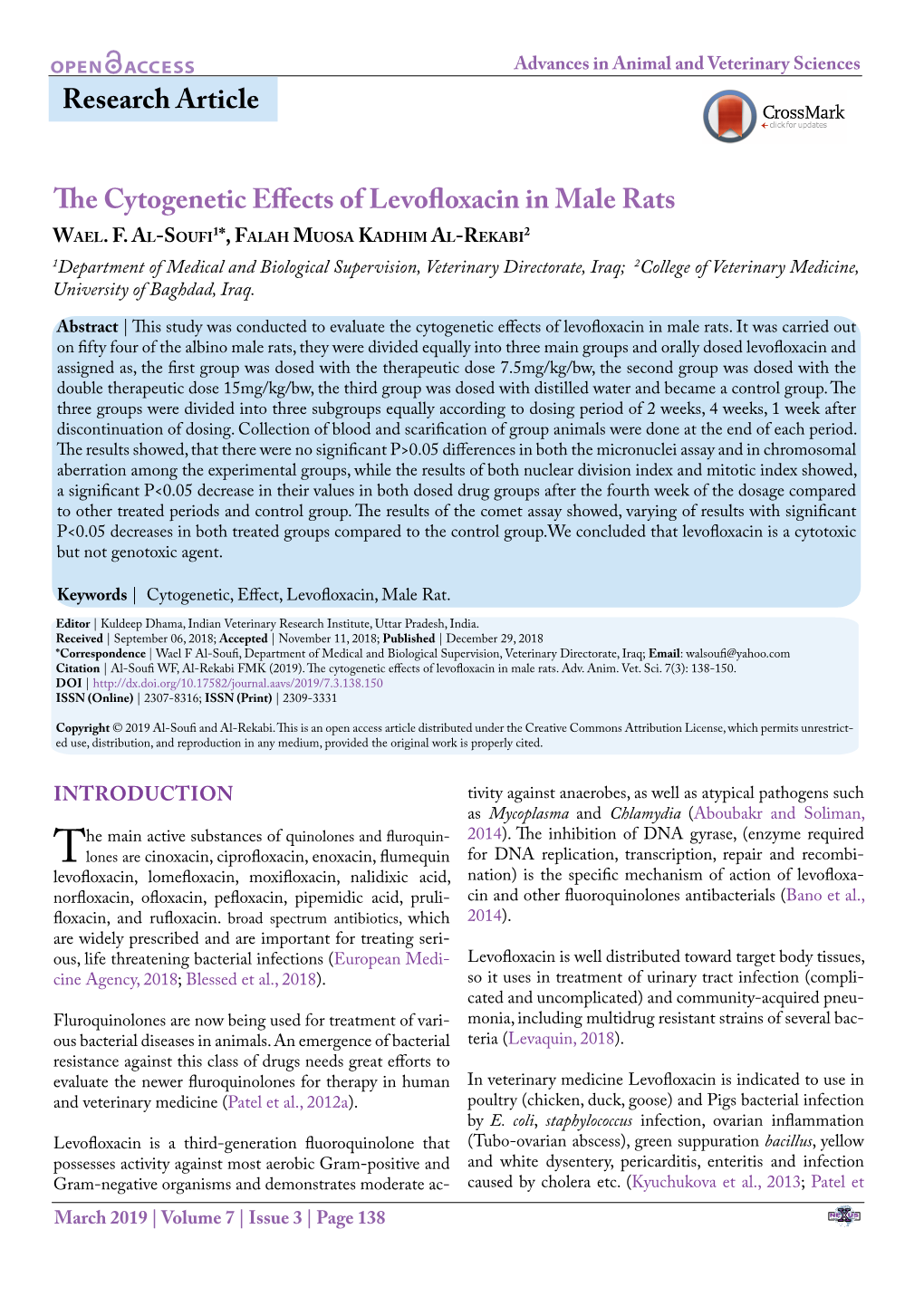 The Cytogenetic Effects of Levofloxacin in Male Rats 1 2 Wael