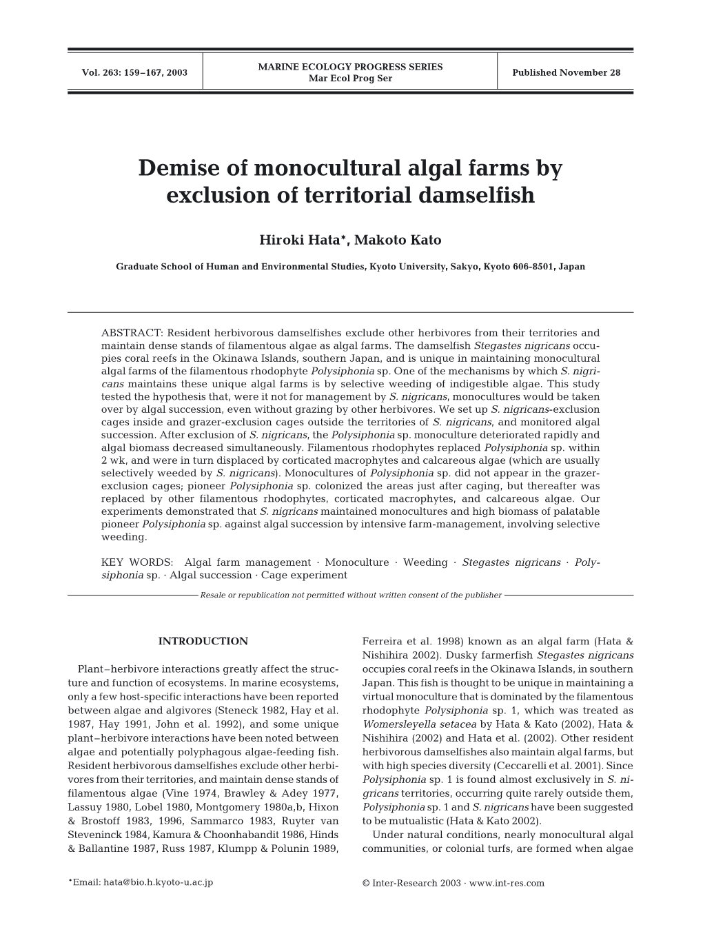 Demise of Monocultural Algal Farms by Exclusion of Territorial Damselfish