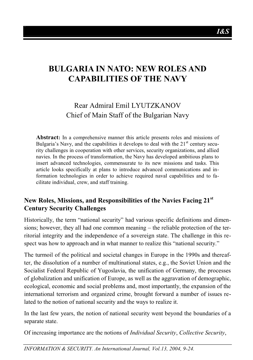 Bulgaria in Nato: New Roles and Capabilities of the Navy