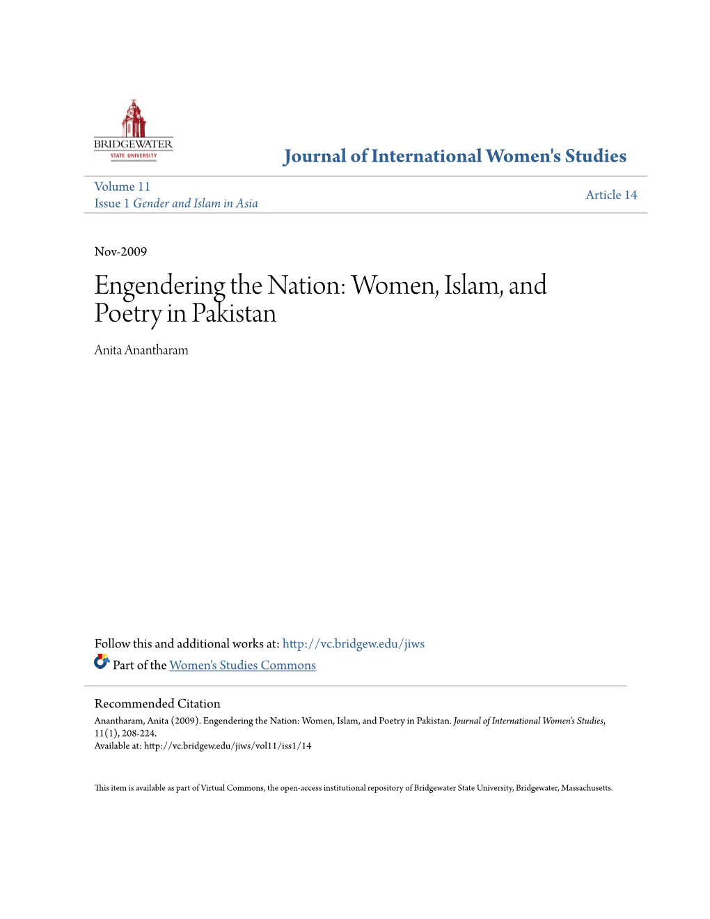 Women, Islam, and Poetry in Pakistan Anita Anantharam