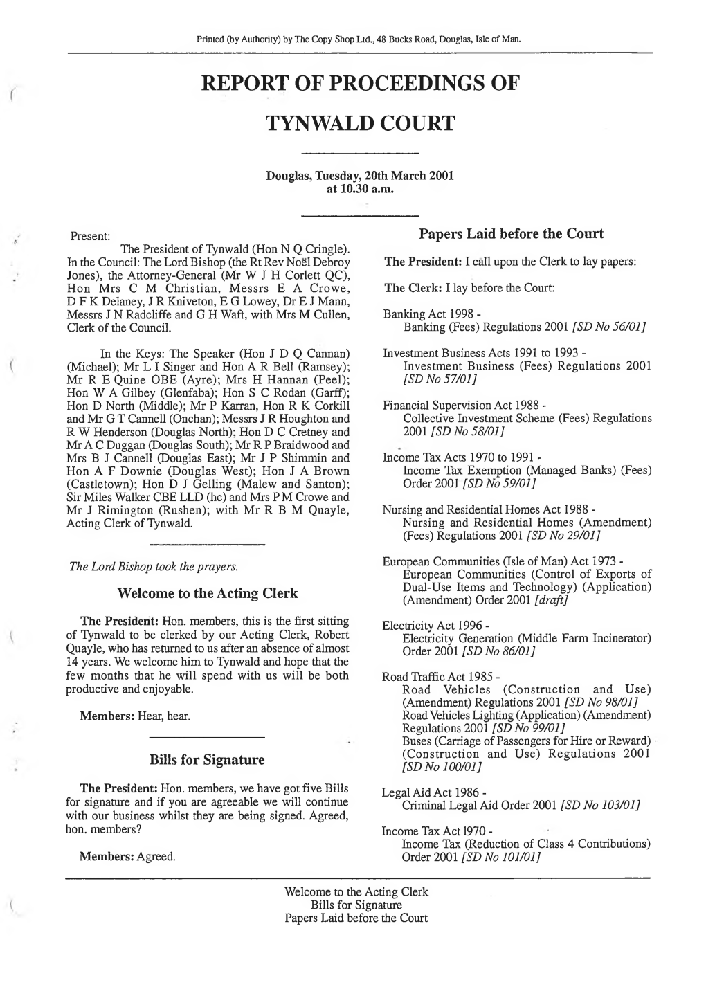 20 Mar 2001 Tynwald Hansard Printed