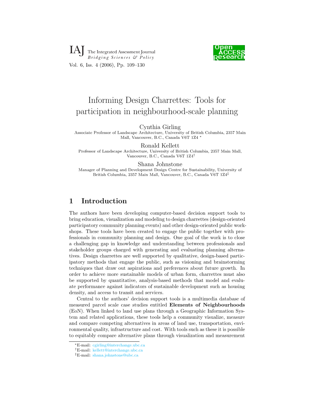 Informing Design Charrettes: Tools for Participation in Neighbourhood-Scale Planning