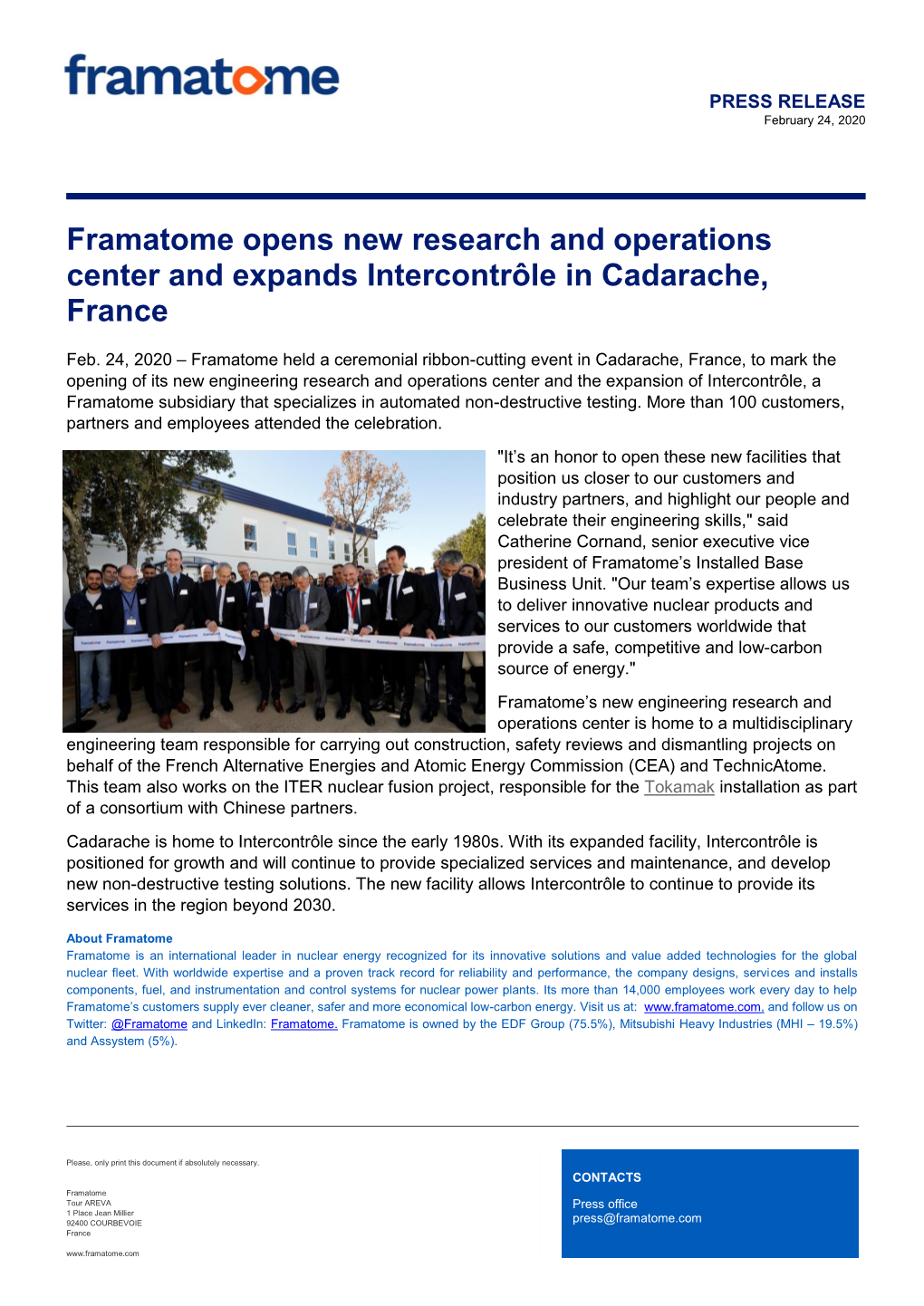 Framatome Opens New Research and Operations Center and Expands Intercontrôle in Cadarache, France