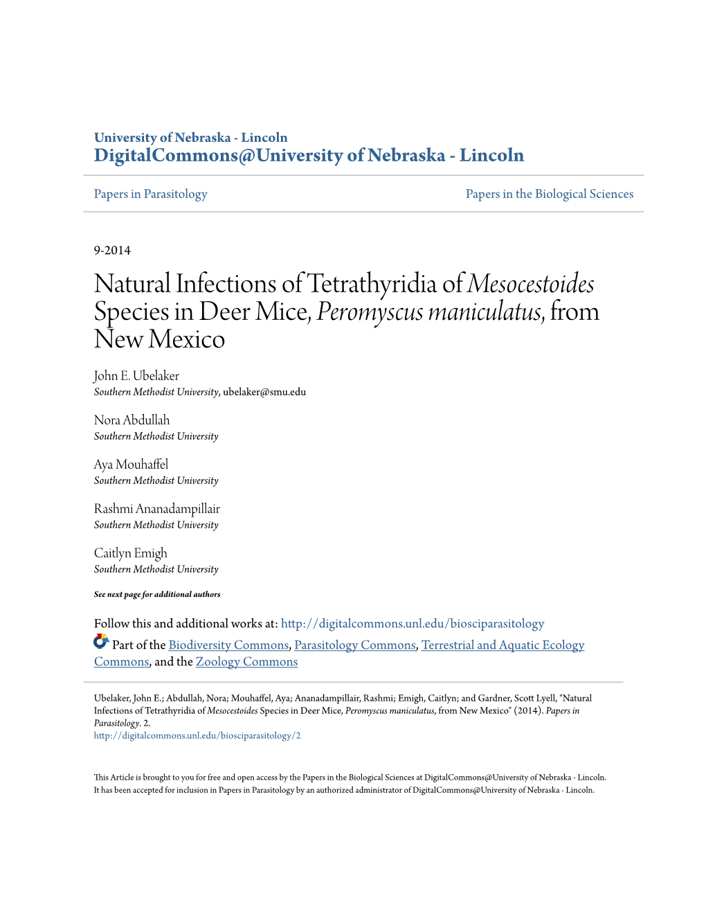 Natural Infections of Tetrathyridia of Mesocestoides Species in Deer Mice, Peromyscus Maniculatus, from New Mexico John E