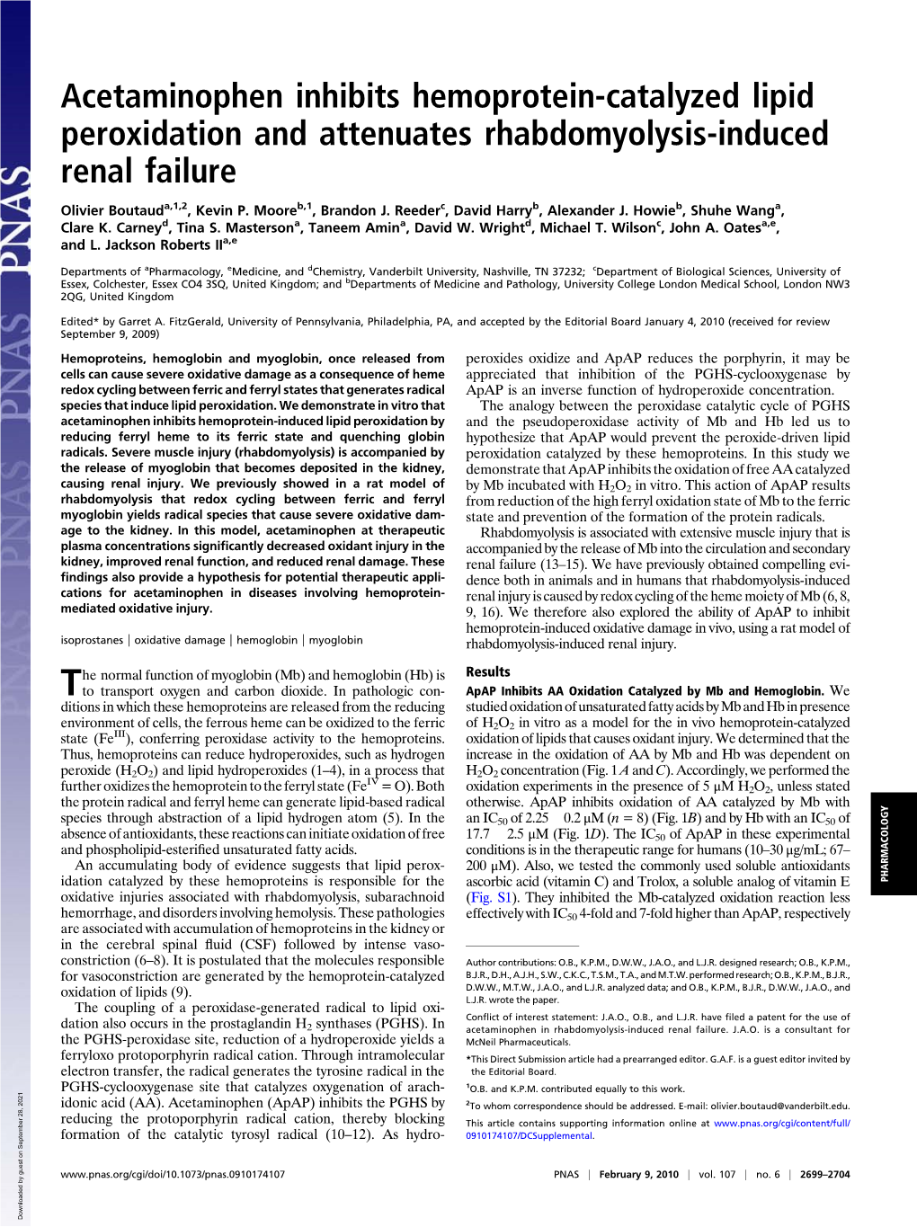 Acetaminophen Inhibits Hemoprotein-Catalyzed Lipid Peroxidation and Attenuates Rhabdomyolysis-Induced Renal Failure