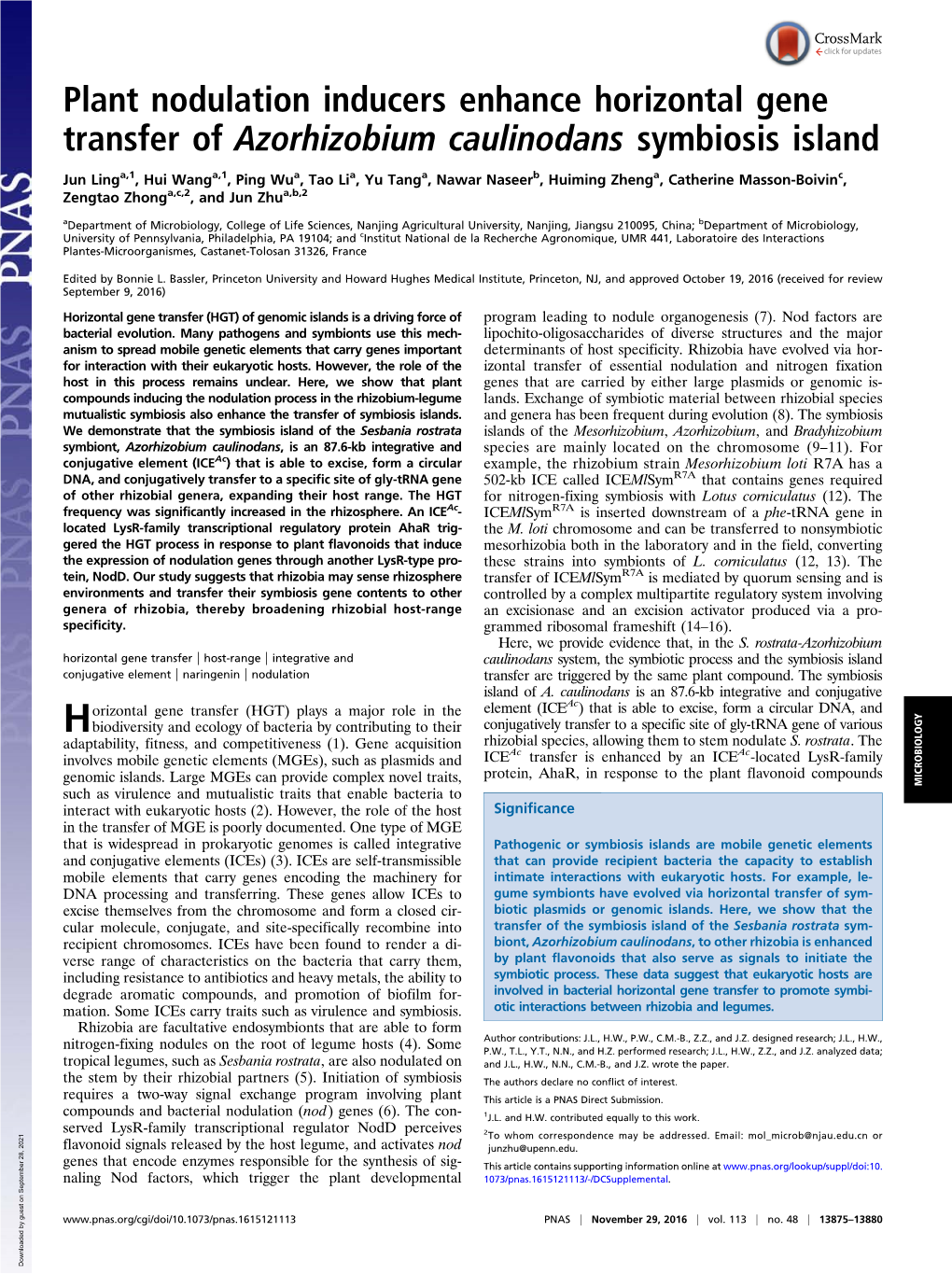 Plant Nodulation Inducers Enhance Horizontal Gene Transfer of Azorhizobium Caulinodans Symbiosis Island