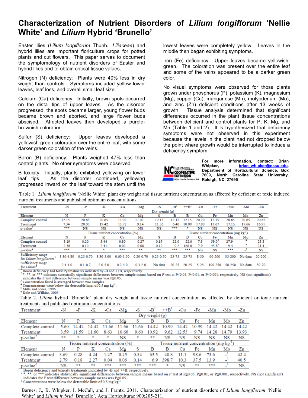 Characterization of Nutrient Disorders of Lilium Longiflorum 'Nellie White'