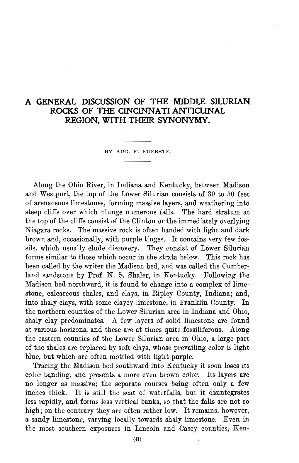 A GENERAL DISCUSSION of THE· MIDDLE SILURIAN ROCKS of the Cincinnan ANTICLINAL REGION, with THEIR SYNONYMY