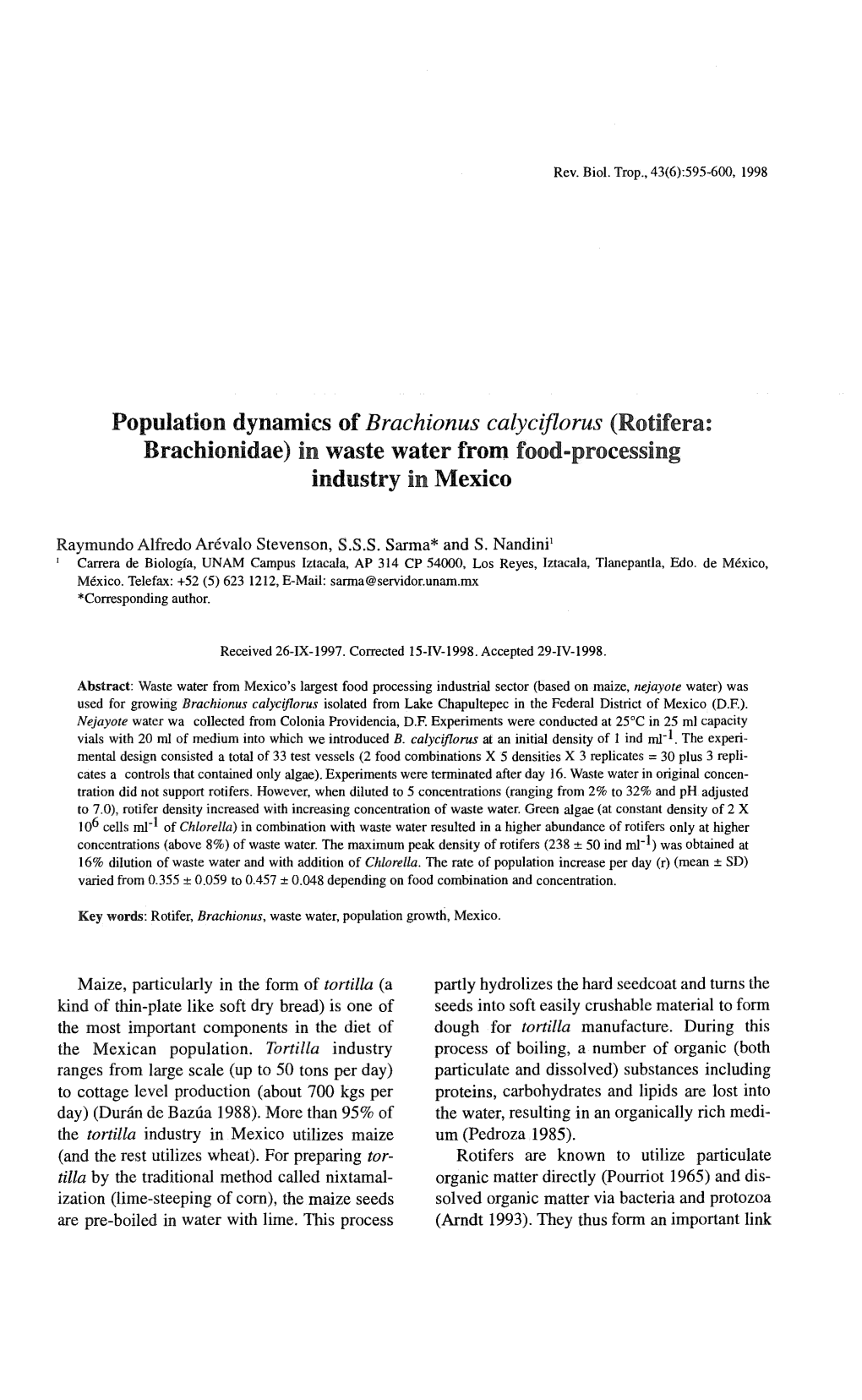 Calyciflorus (Rotifera: Brachionidae} in Waste Water Frmil Food-Processing Industry in Mexico