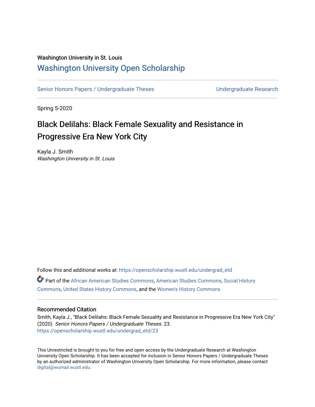 Black Female Sexuality and Resistance in Progressive Era New York City