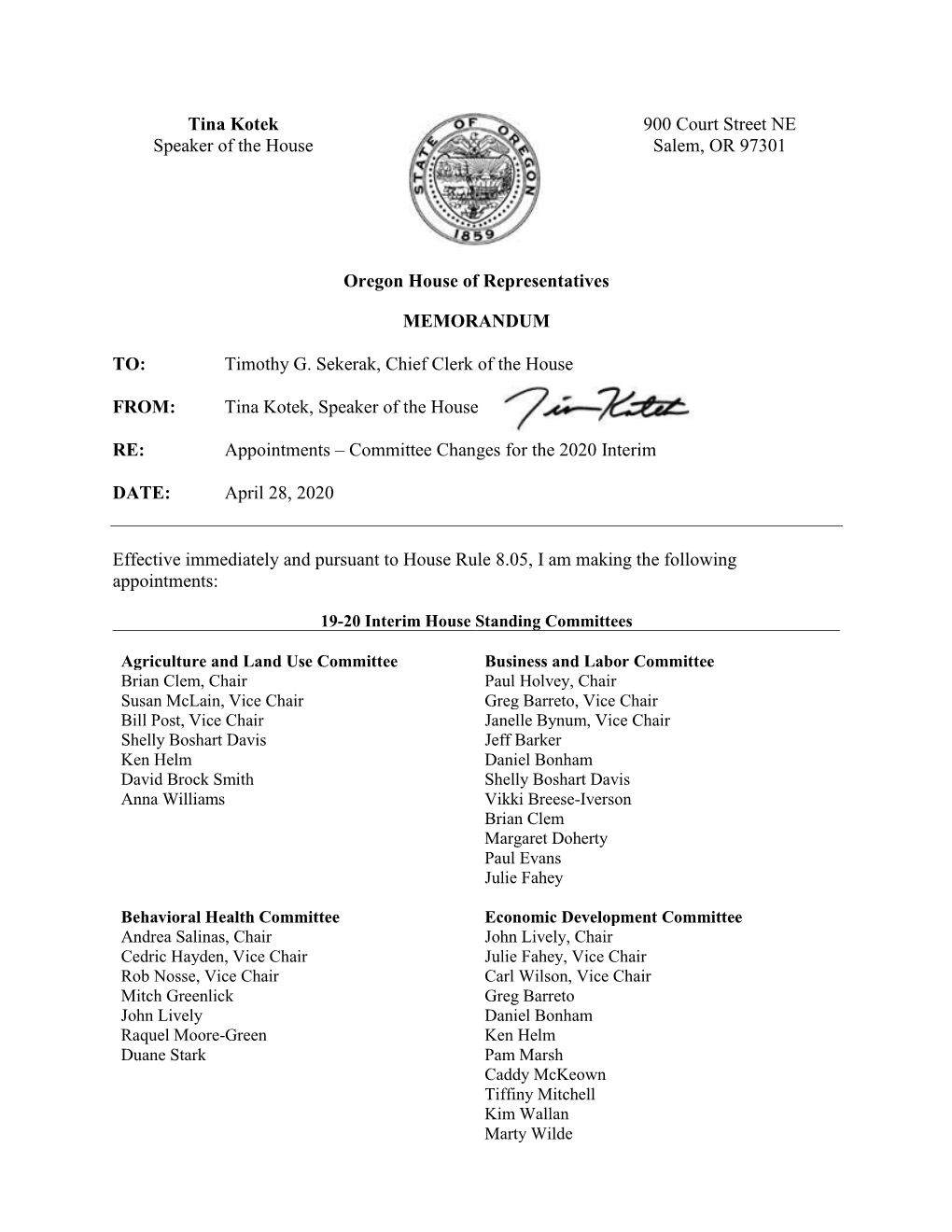Speaker Appointments – Committee Changes for the 2020 Interim