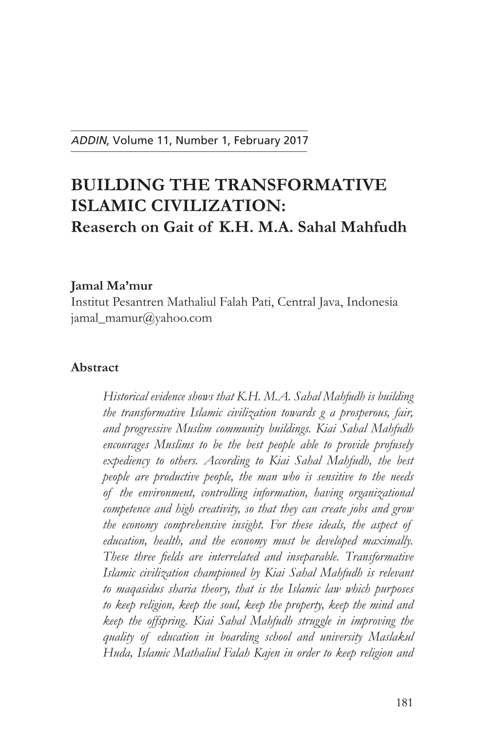 BUILDING the TRANSFORMATIVE ISLAMIC CIVILIZATION: Reaserch on Gait of K.H