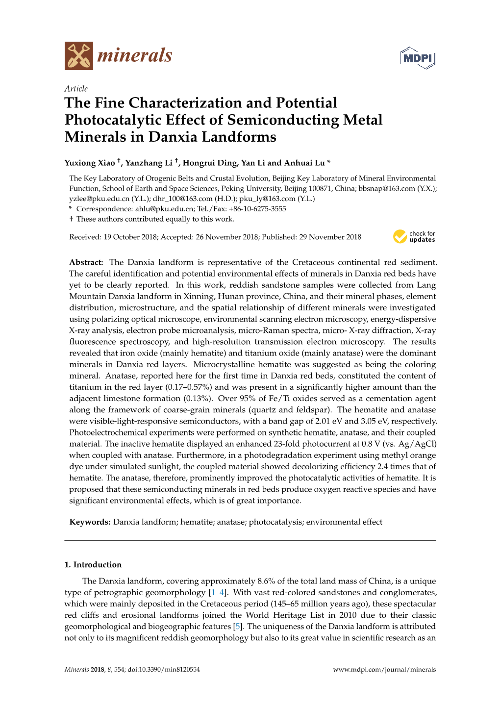 The Fine Characterization and Potential Photocatalytic Effect of Semiconducting Metal Minerals in Danxia Landforms