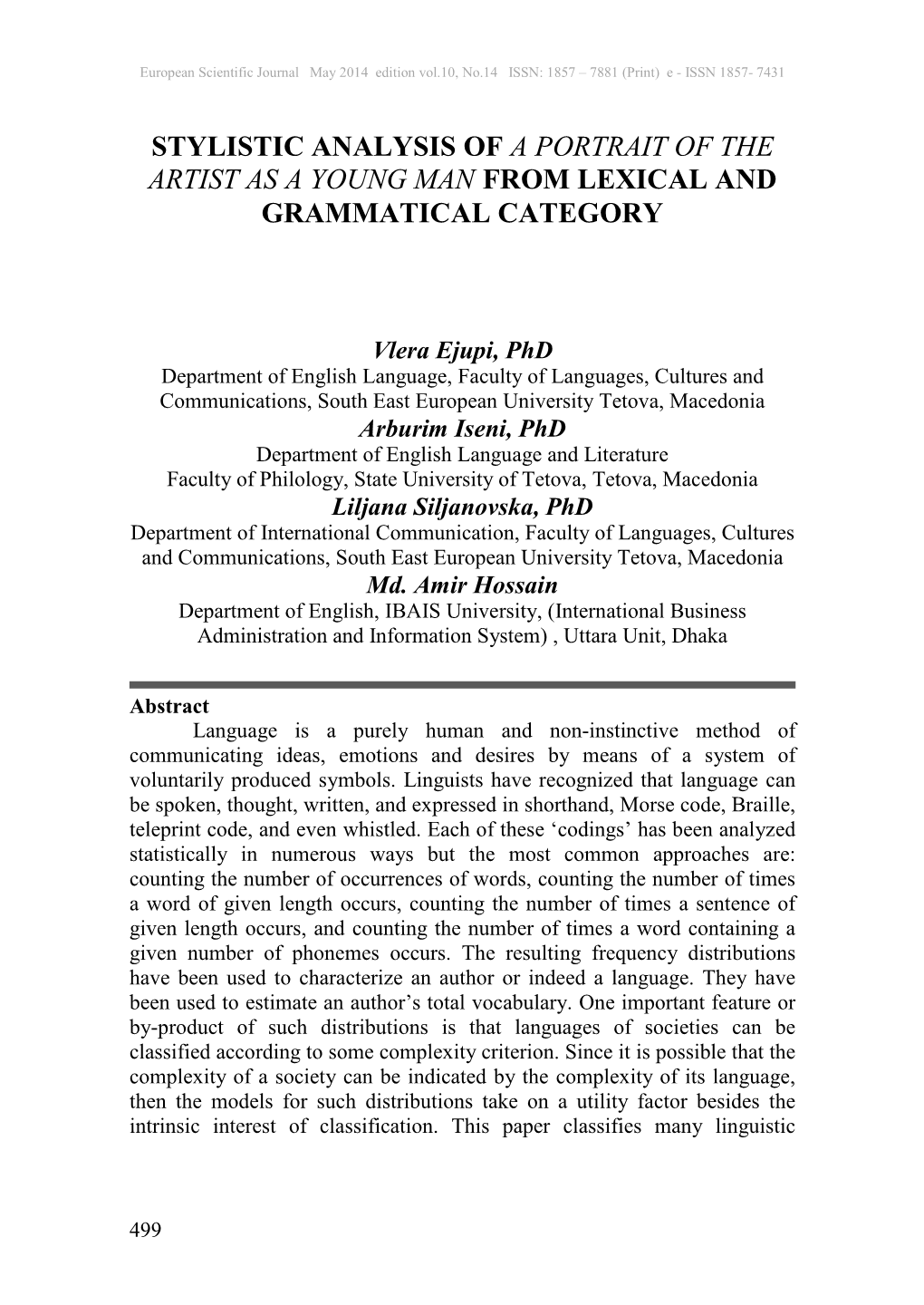 Stylistic Analysis of a Portrait of the Artist As a Young Man from Lexical and Grammatical Category