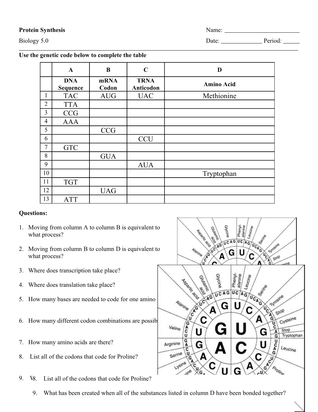 Use the Genetic Code Below to Complete the Table