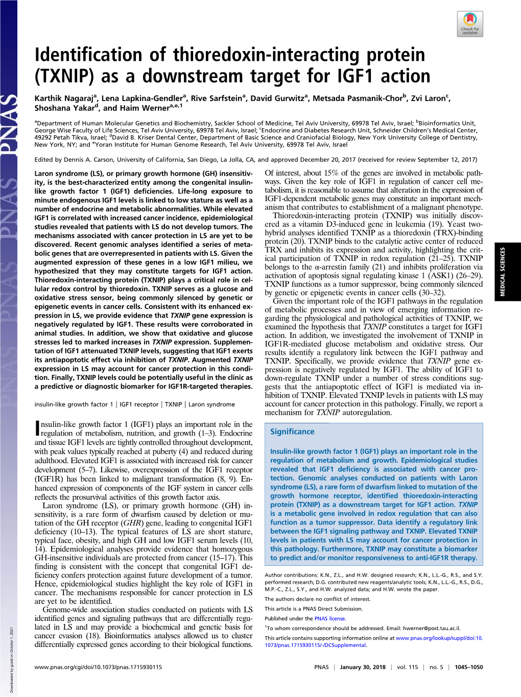 Identification of Thioredoxin-Interacting Protein (TXNIP) As a Downstream Target for IGF1 Action