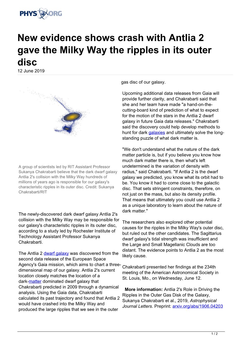 New Evidence Shows Crash with Antlia 2 Gave the Milky Way the Ripples in Its Outer Disc 12 June 2019