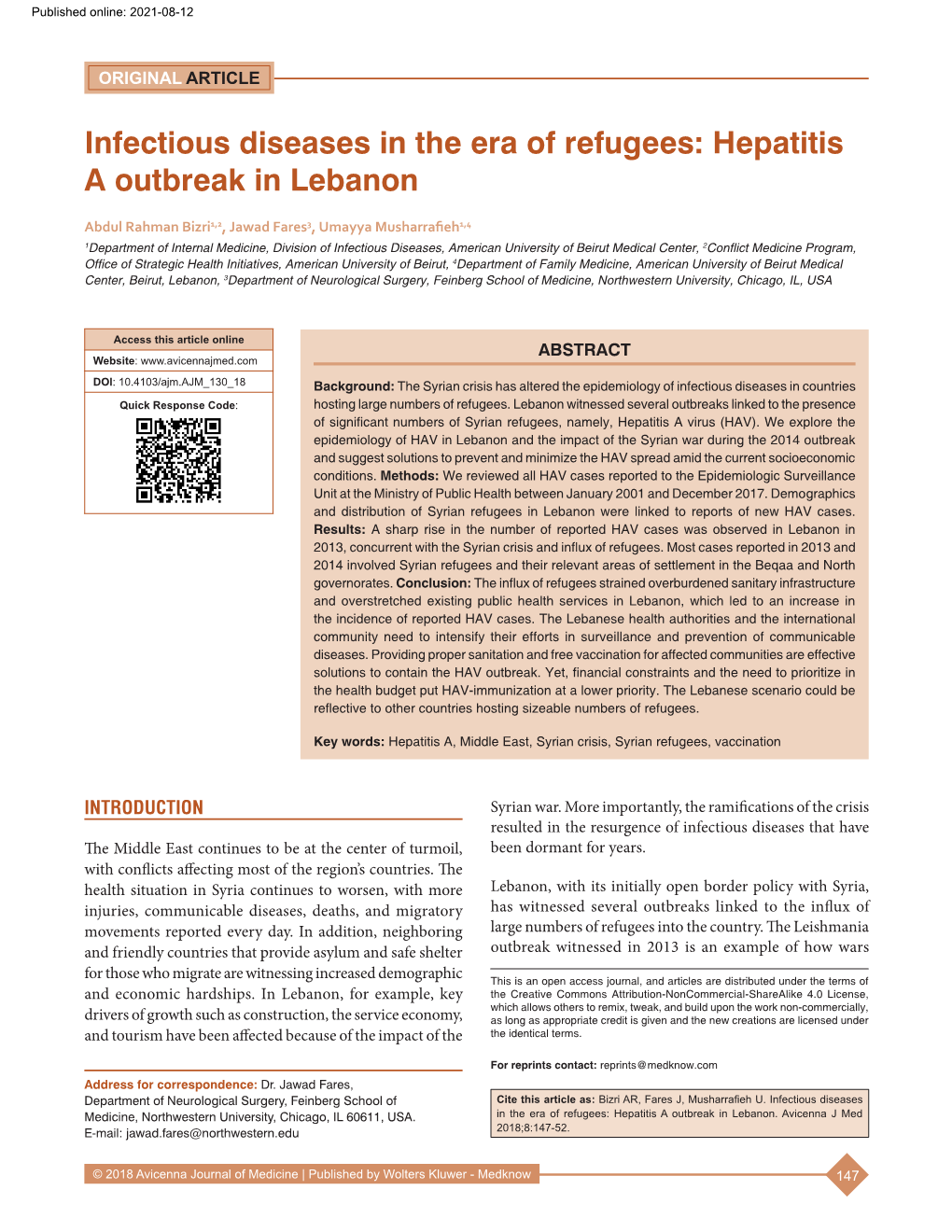 Infectious Diseases in the Era of Refugees: Hepatitis a Outbreak in Lebanon