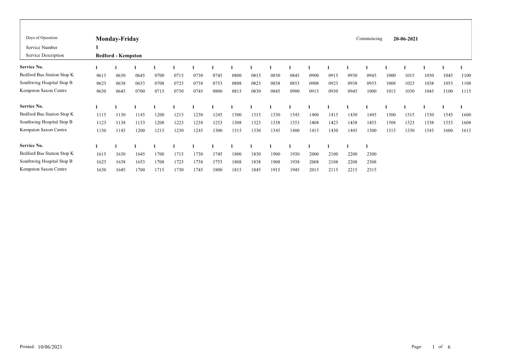 Monday-Friday Commencing 20-06-2021 Service Number 1 Service Description Bedford - Kempston