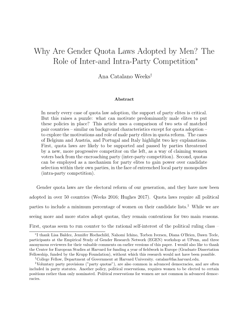 Why Are Gender Quota Laws Adopted by Men? the Role of Inter-And Intra-Party Competition∗