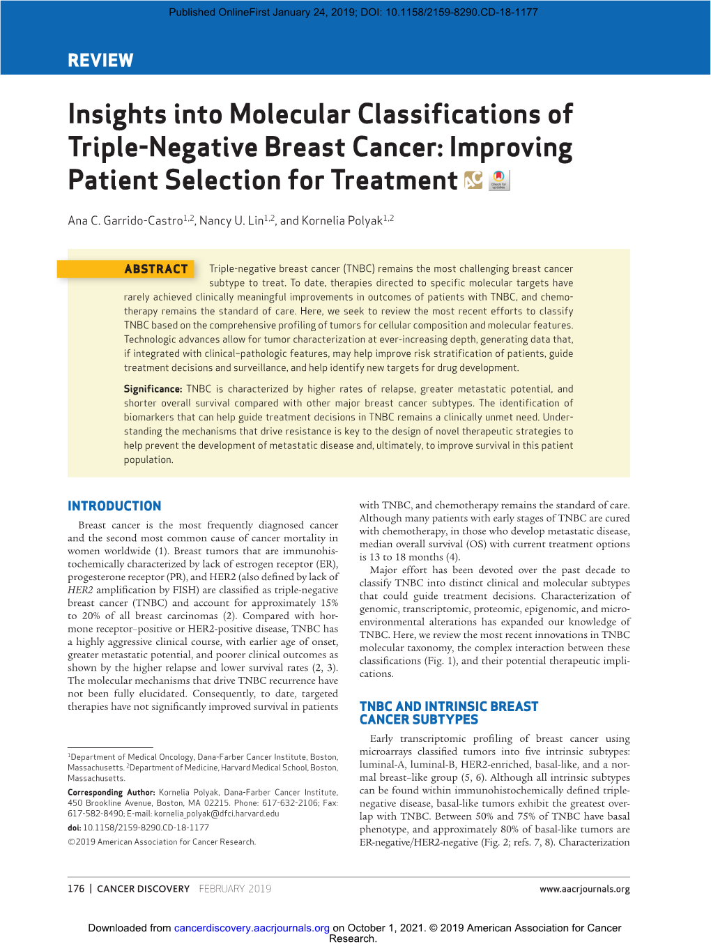 Insights Into Molecular Classifications of Triple-Negative Breast Cancer: Improving Patient Selection for Treatment