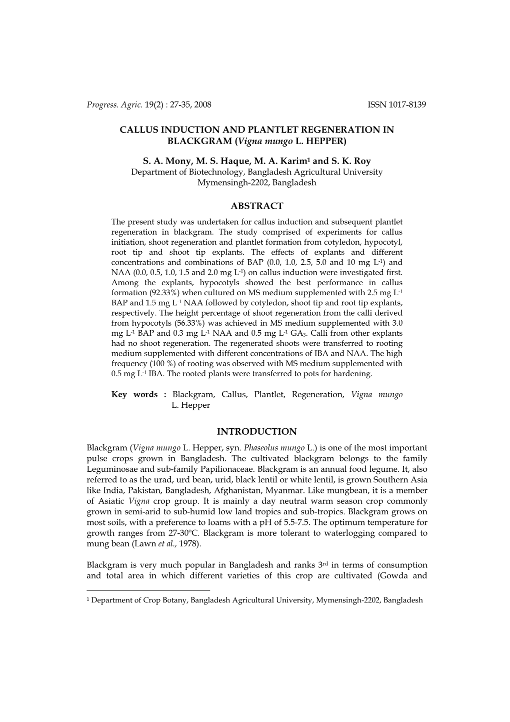 CALLUS INDUCTION and PLANTLET REGENERATION in BLACKGRAM (Vigna Mungo L