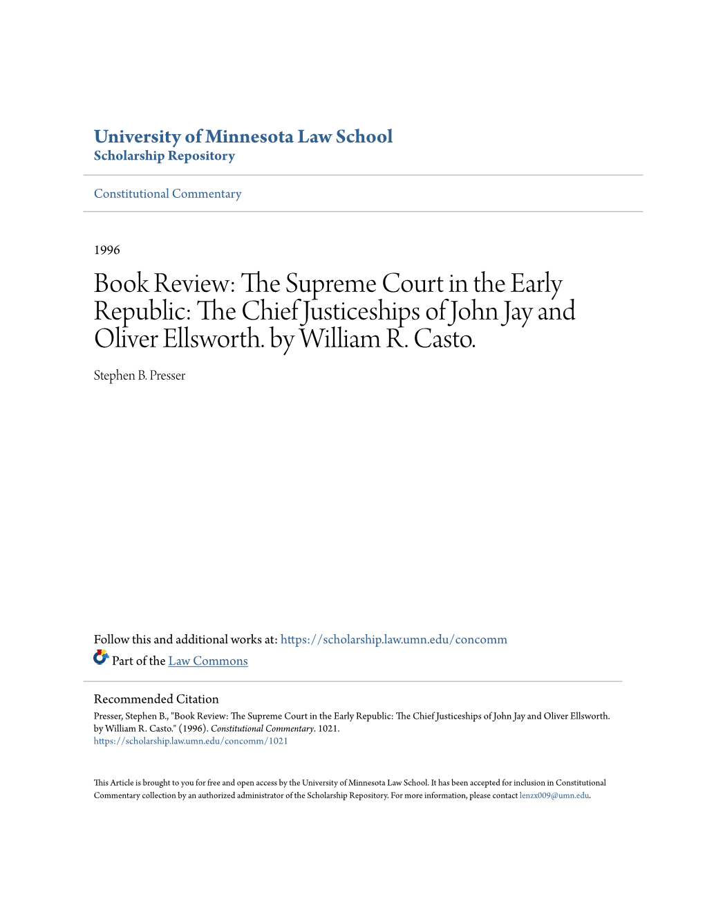 The Supreme Court in the Early Republic: the Chief Justiceships of John Jay and Oli­ Ver Ellsworth