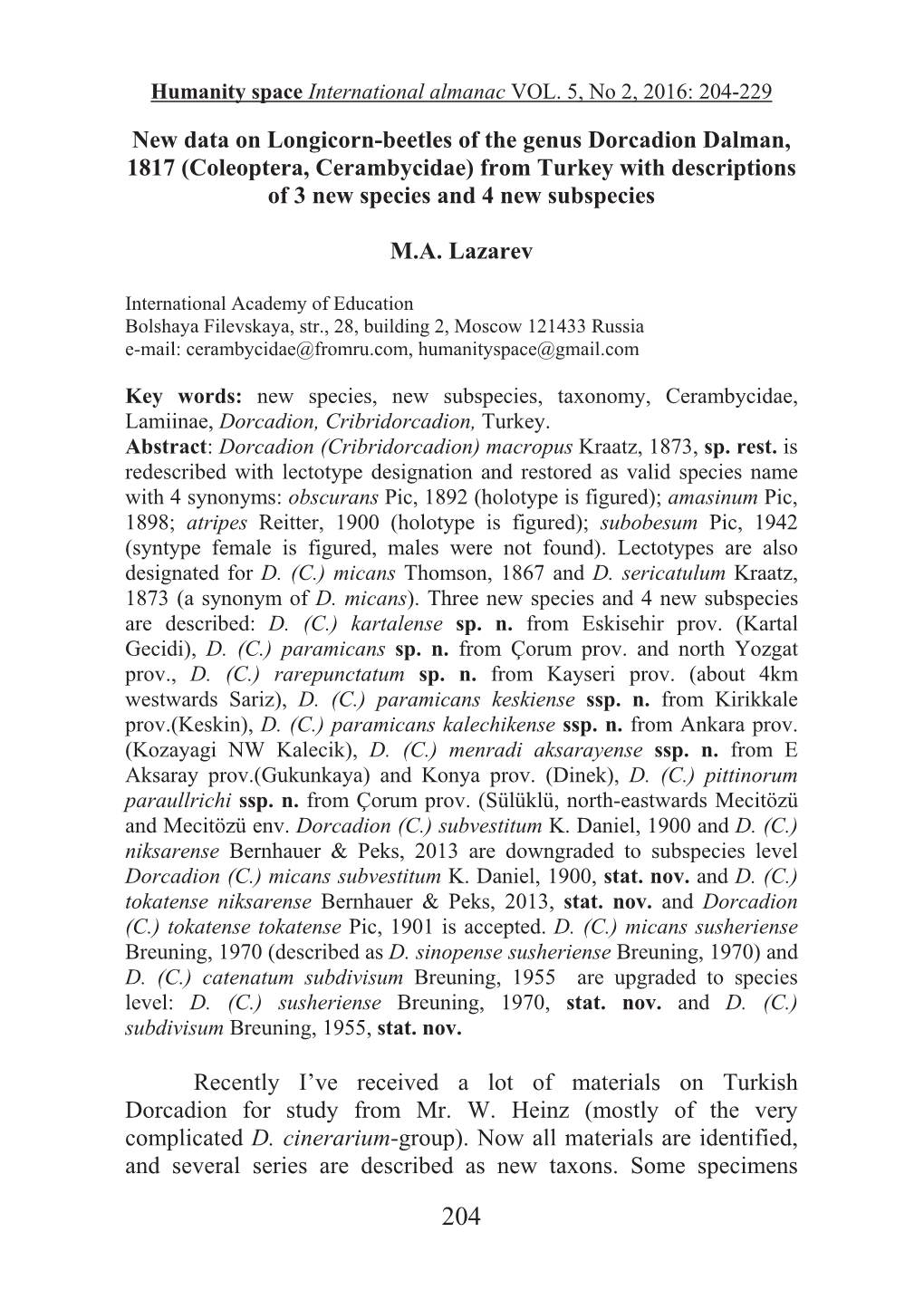 New Data on Longicorn-Beetles of the Genus Dorcadion Dalman, 1817