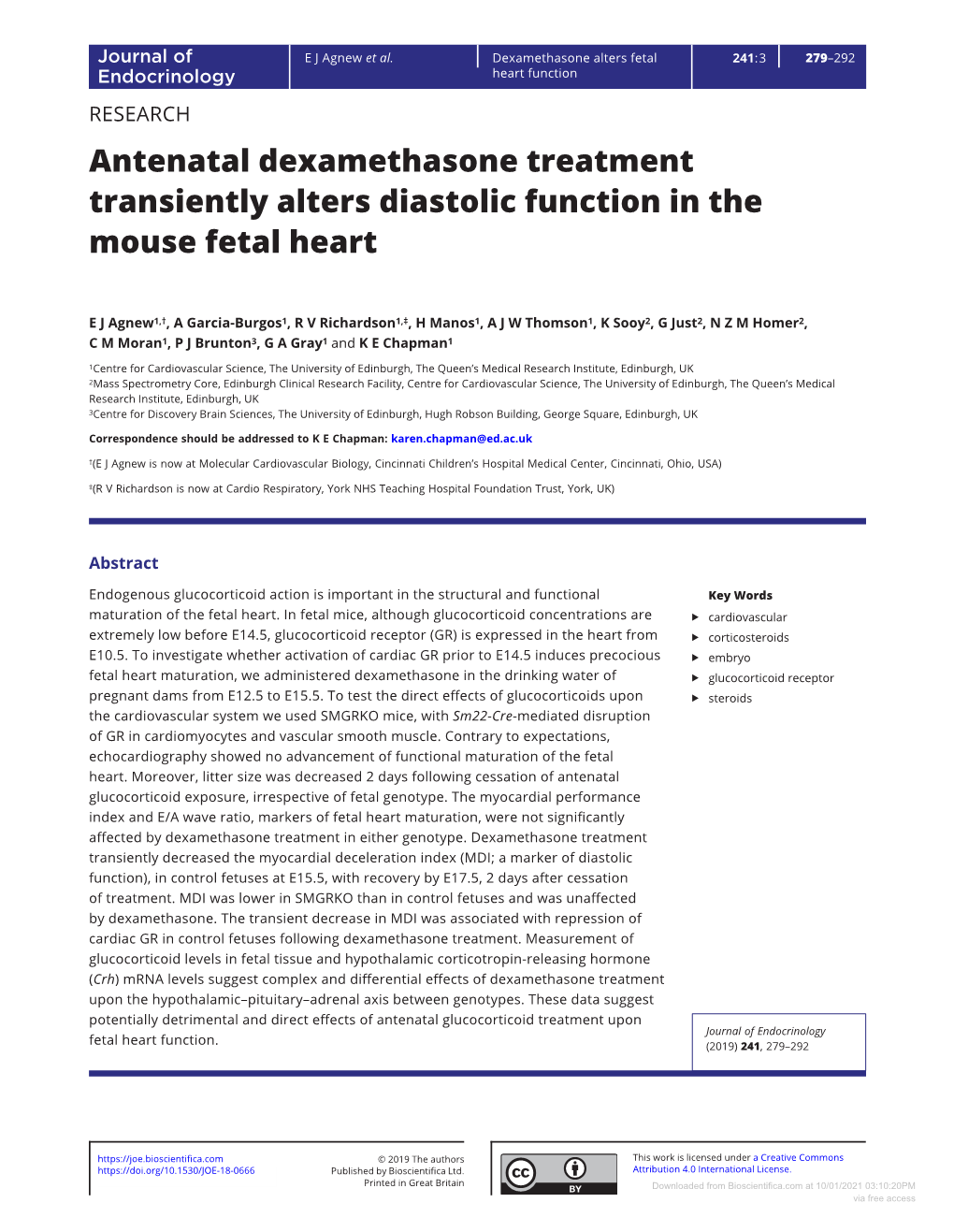 Antenatal Dexamethasone Treatment Transiently Alters Diastolic Function in the Mouse Fetal Heart