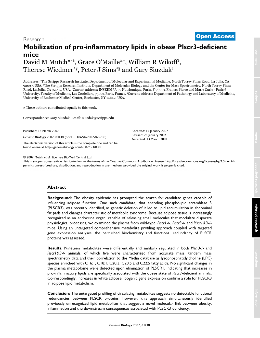 Mobilization of Pro-Inflammatory Lipids in Obese Plscr3-Deficient Mice