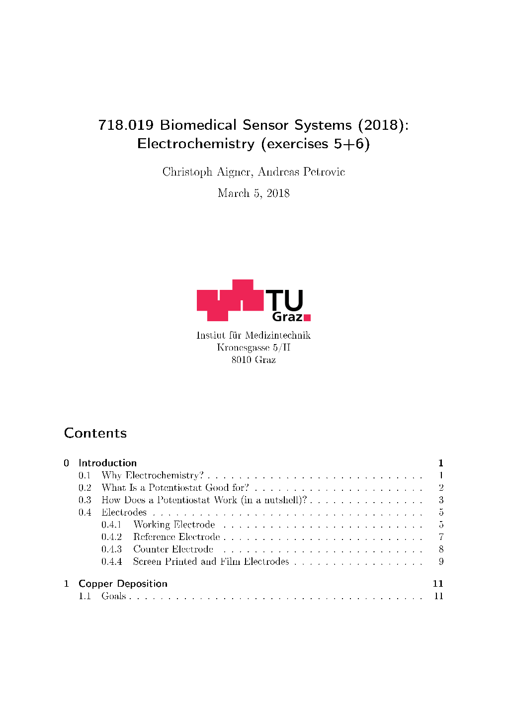 718.019 Biomedical Sensor Systems (2018): Electrochemistry (Exercises 5+6)