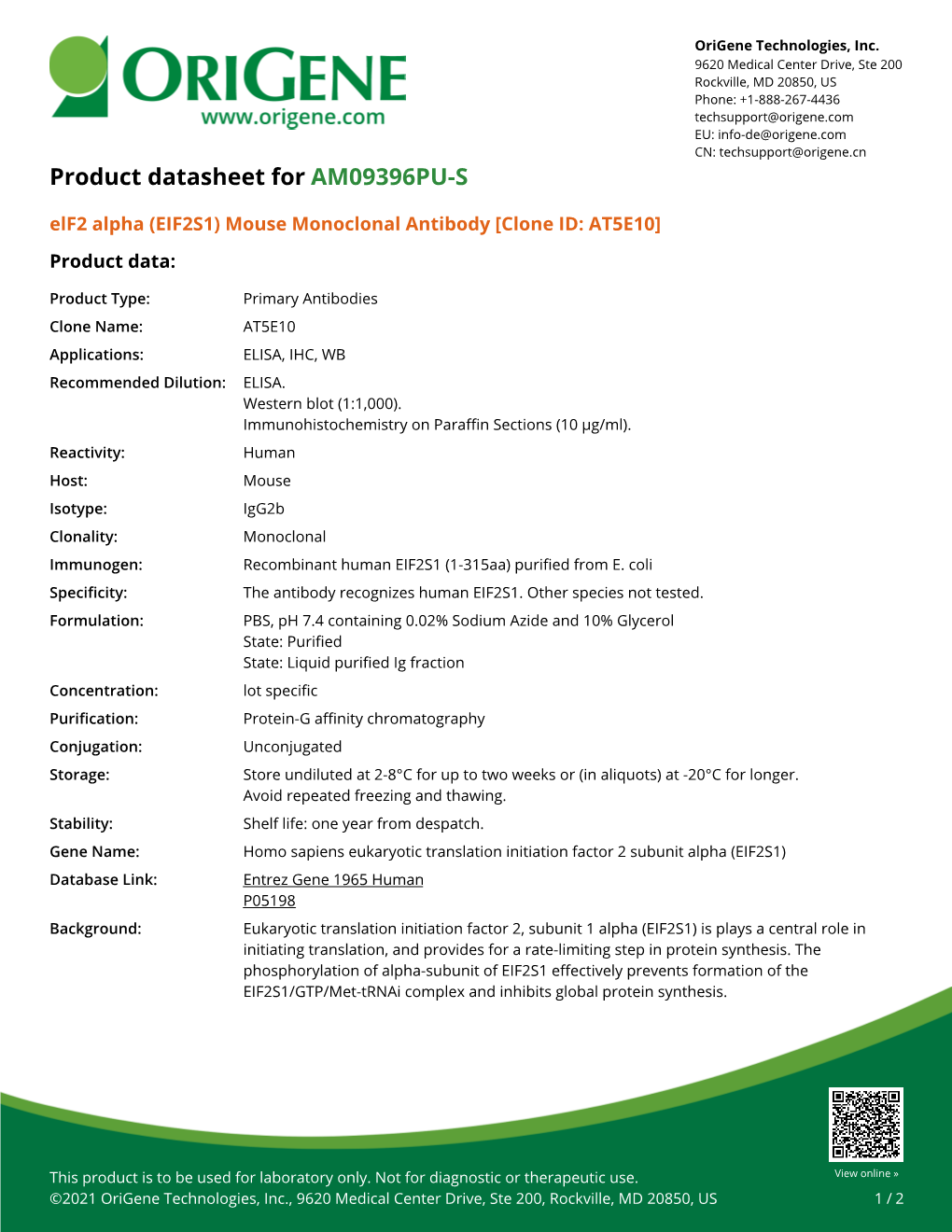 Elf2 Alpha (EIF2S1) Mouse Monoclonal Antibody [Clone ID: AT5E10] Product Data