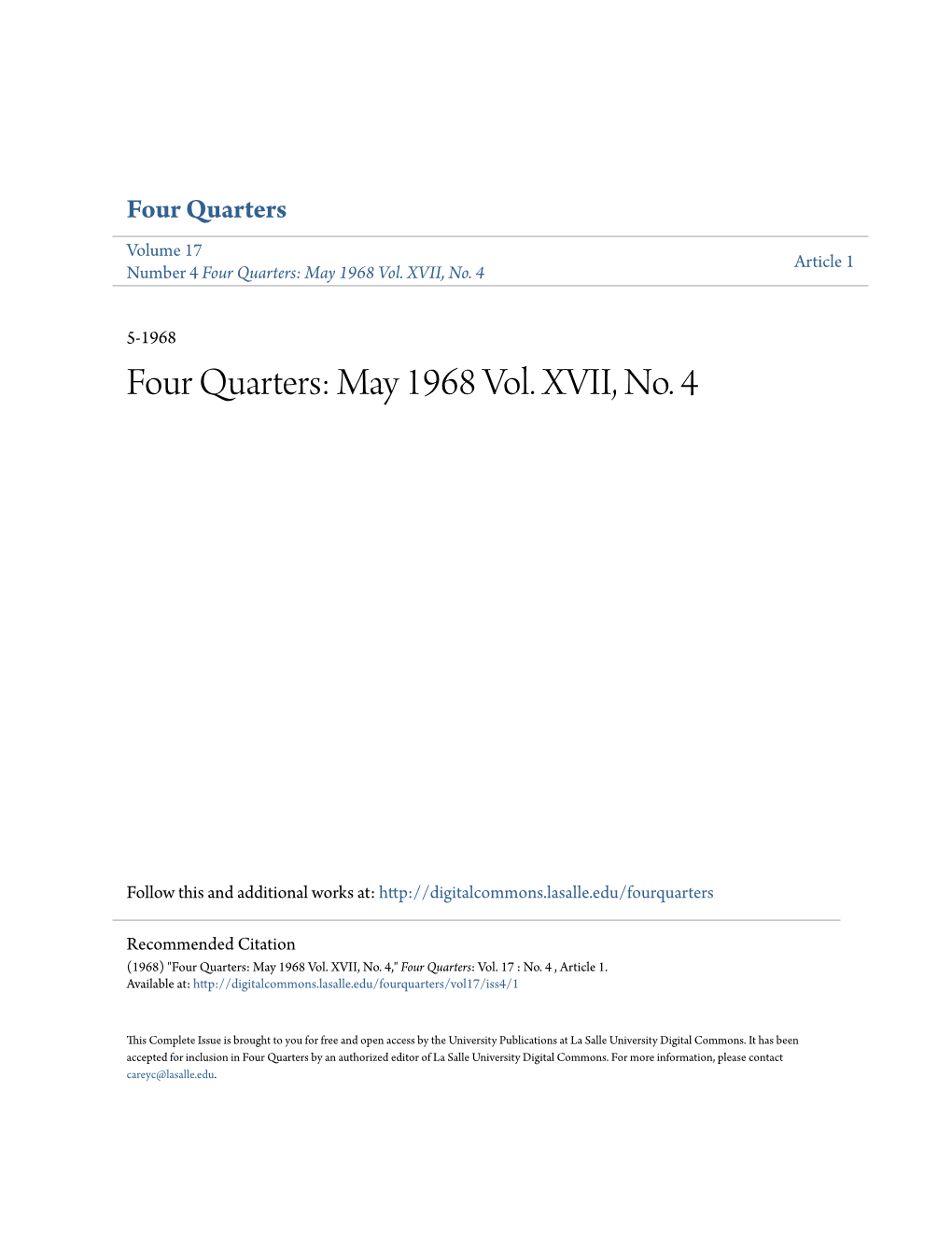 Four Quarters Volume 17 Article 1 Number 4 Four Quarters: May 1968 Vol