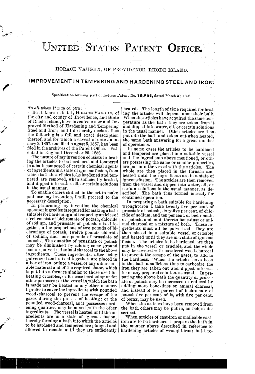 United States Patent Office. Horace Vaughn, of Providence, Reode Island