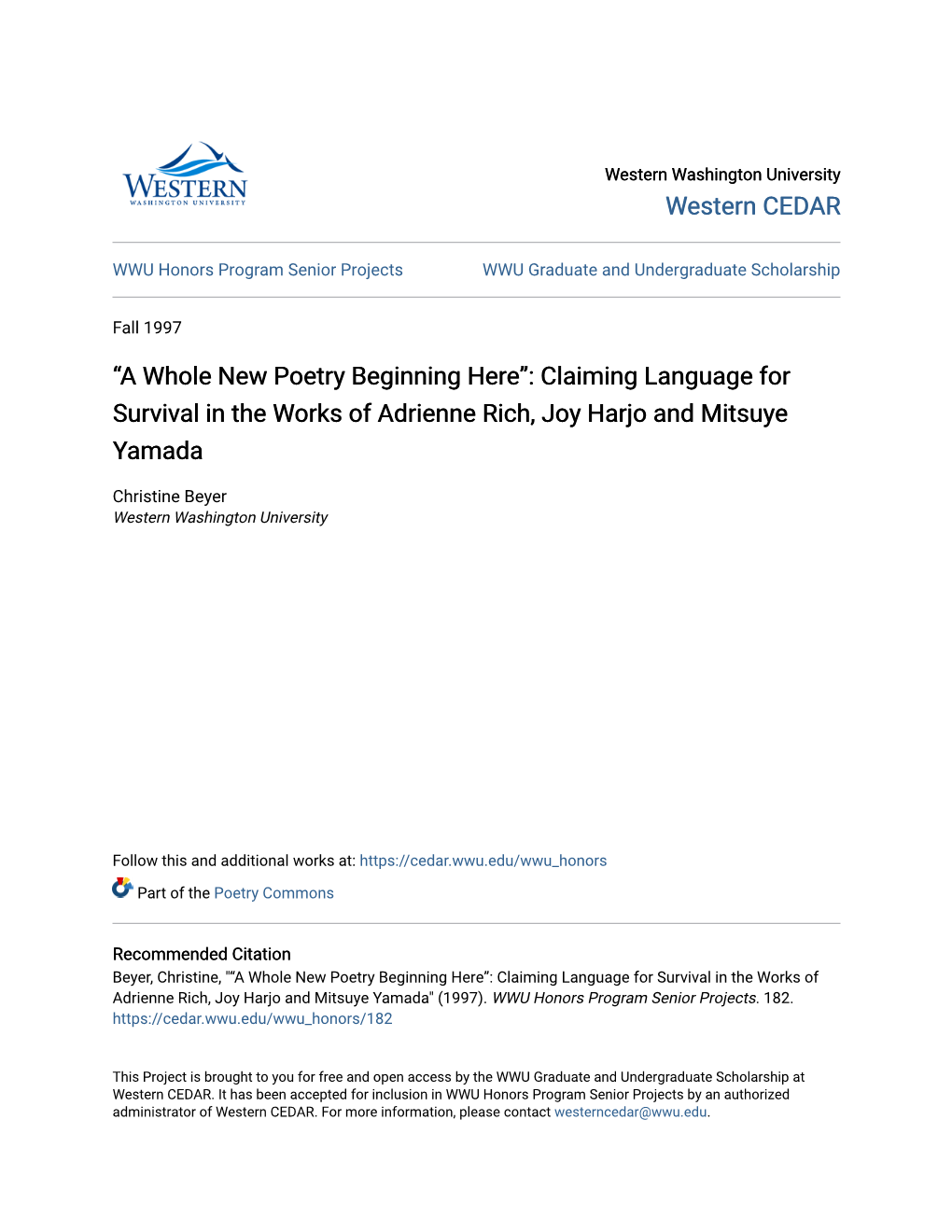 Claiming Language for Survival in the Works of Adrienne Rich, Joy Harjo and Mitsuye Yamada