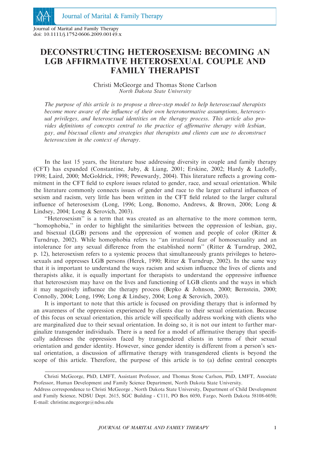 Deconstructing Heterosexism: Becoming an Lgb Affirmative Heterosexual Couple and Family Therapist