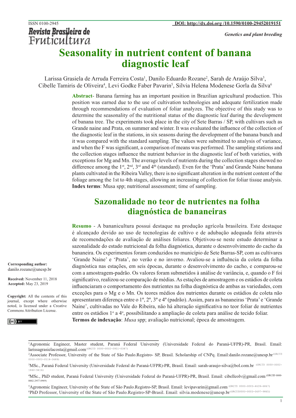 Seasonality in Nutrient Content of Banana Diagnostic Leaf