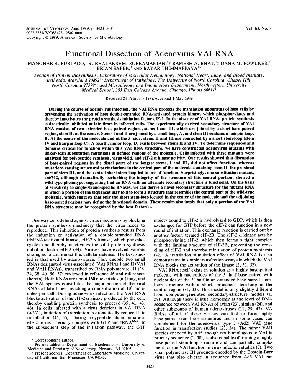 Functional Dissection of Adenovirus VAI RNA MANOHAR R